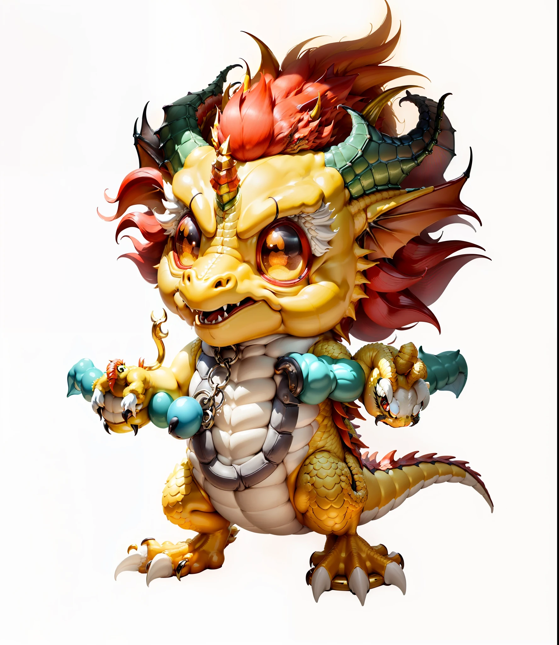 (extremely detailed yellow dragon image, ancient style nunchuck, anthropomorphic dragon, drasaurus, D&D monster, new hatching dragon, digital art, stuffed dragon, complex hair, red hair) :( dragon has posture, expression, dynamic angle) :(bright yellow dragon body, complicated details, cute design) :(deep background, light changes, integration of natural scene elements) :(special emphasis on unicorn) :(with ancient feeling) :(natural light)