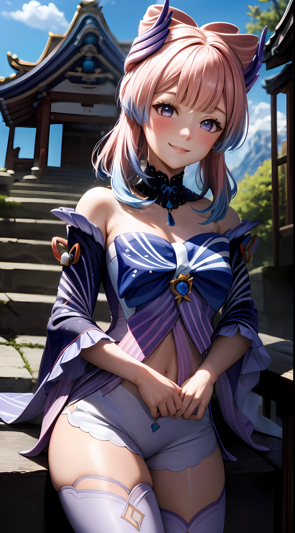 kokomidef, upper body, smile, blush, outdoors, day, simple background, blue sky, short hair, sky, temple, looking at viewer, stairs, mountain, moody lighting, facing viewer,