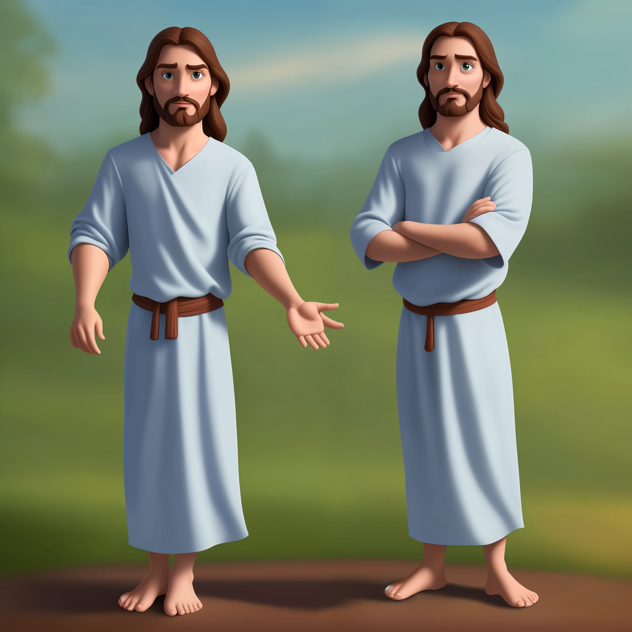 Full body picture, Jesus God, Disney character style, standing posture, hands naturally placed on the sides, looking ahead, calm expression, eyes full of pity