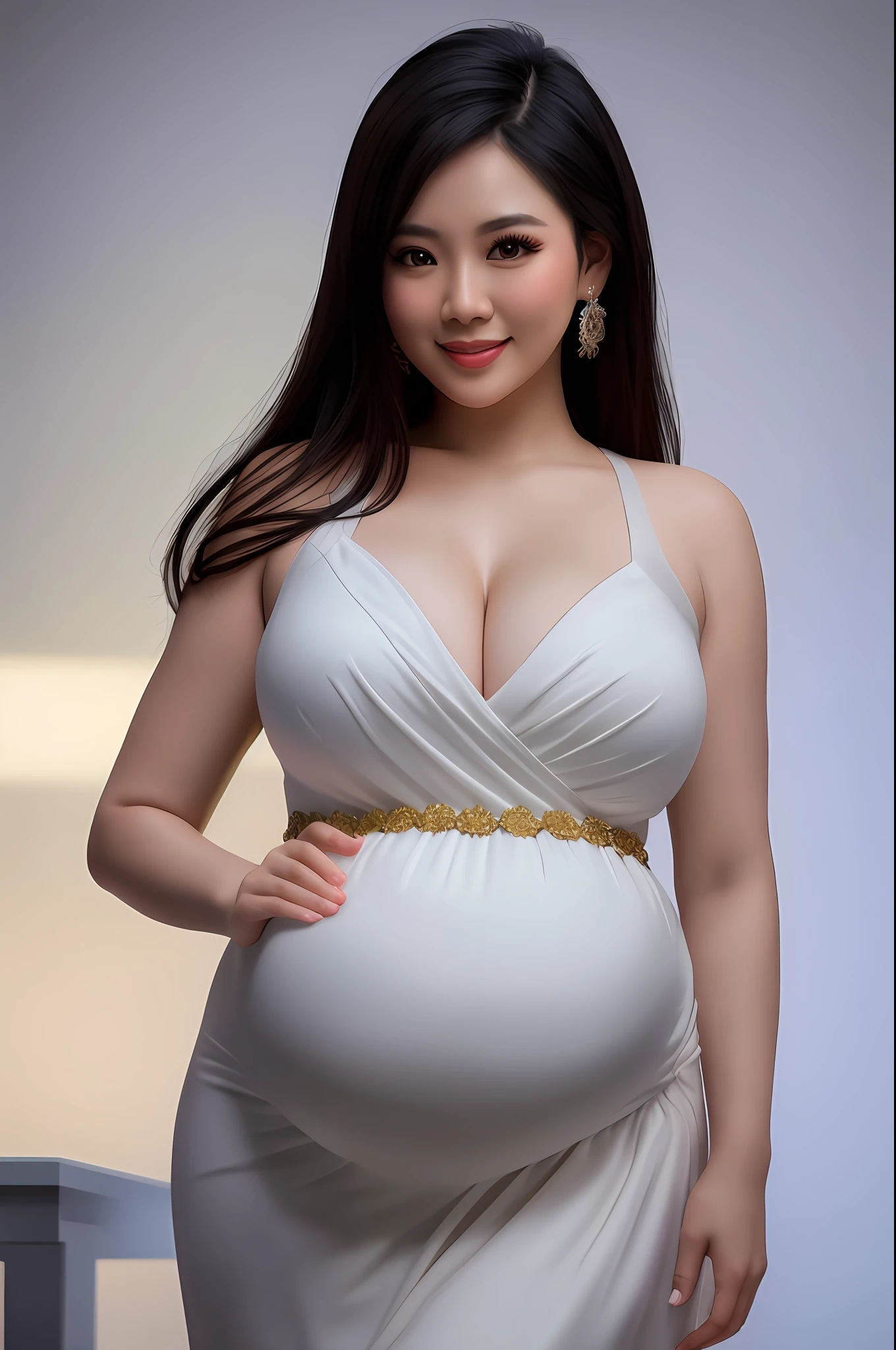 beautiful and happy pregnant Thai instagram model , wearing maternity dress , highly detailed, hyper realistic, studio lighting,standing in-front of white studio backdrop, full shot, studio photography, 128K, unreal engine, lovely face