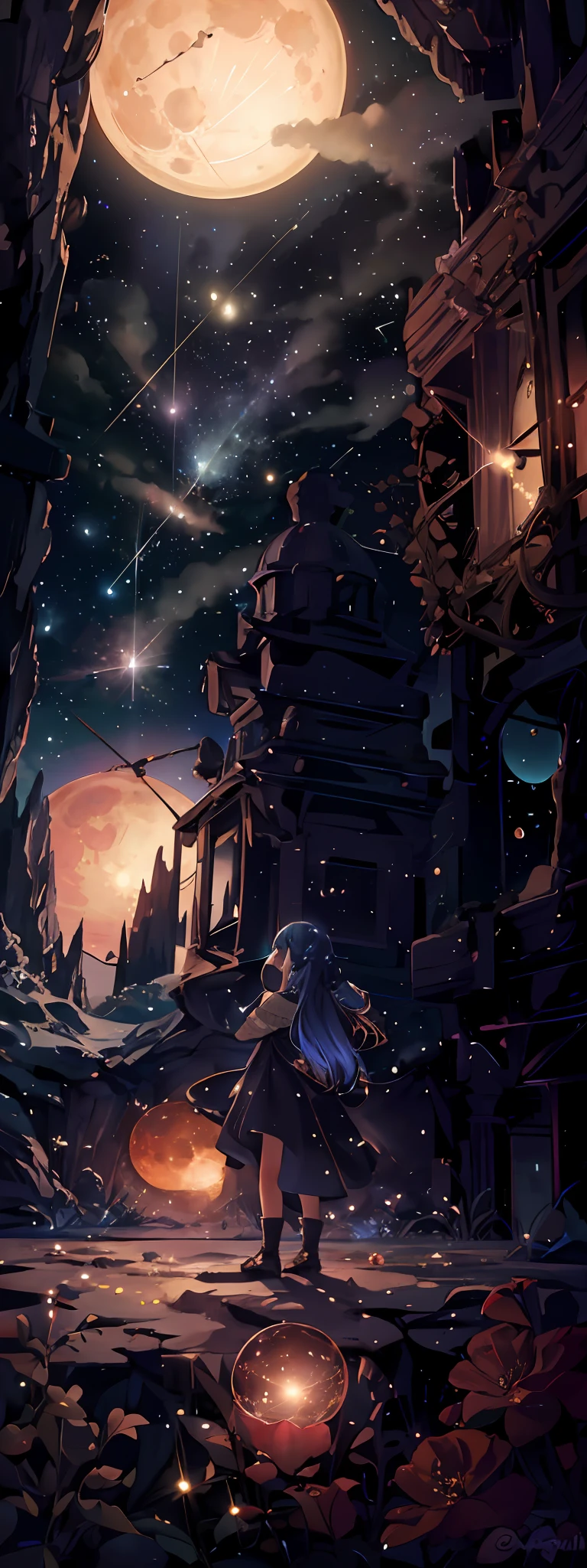 Expansive landscape photograph, (view from below with a view of the sky and wilderness below), standing in a flower field looking up, (full moon: 1.2), (shooting star: 0.9), (nebula: 1.3), distant mountain, tree break production art, (warm light source: 1.2), (firefly: 1.2), lamp, purple and orange, intricate detail, volume lighting, realism break (masterpiece: 1.2) (Best Quality), 4K, Ultra-Detailed, (Dynamic Composition: 1.4), Highly Detailed and Colorful Detail, (Iridescent Colors: 1.2), (Radiant Lighting, Atmospheric Lighting), Dreamy, Magical, (Solo: 1.2), Realistic Flowers, Material, Walls, Ultra-Fine Flowers, Picturesque Walls, Falling Stars, Meteor Shower, Shooting Stars, Fireflies, Small Balls of Light, Orbs, Fantastic, Light Particles, Star Rain, Star Shake, Blue Moon, Crescent, Pentagram, First magnitude, Betelgeuse, Glass Ball