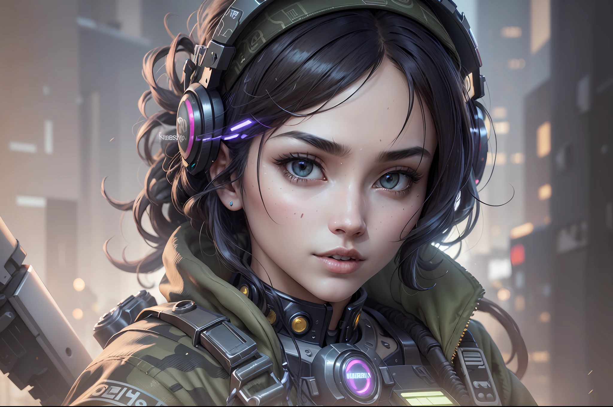 ((Best quality)), ((masterpiece)), (highly detailed:1.3), 3D, beautiful (cyberpunk:1.2) special forces, robort,female with thick voluminous hair wearing (wearing camouflage_uniform:1.1), body armour,cape,digital (camouflage:1.3),HDR (High Dynamic Range),Ray Tracing,NVIDIA RTX,Super-Resolution,Unreal 5,Subsurface scattering,PBR Texturing,Post-processing,Anisotropic Filtering,Depth-of-field,Maximum clarity and sharpness,Multi-layered textures,Albedo and Specular maps,Surface shading,Accurate simulation of light-material interaction,Perfect proportions,Octane Render,Two-tone lighting,Wide aperture,Low ISO,White balance,Rule of thirds,8K RAW,Efficient Sub-Pixel,sub-pixel convolution,