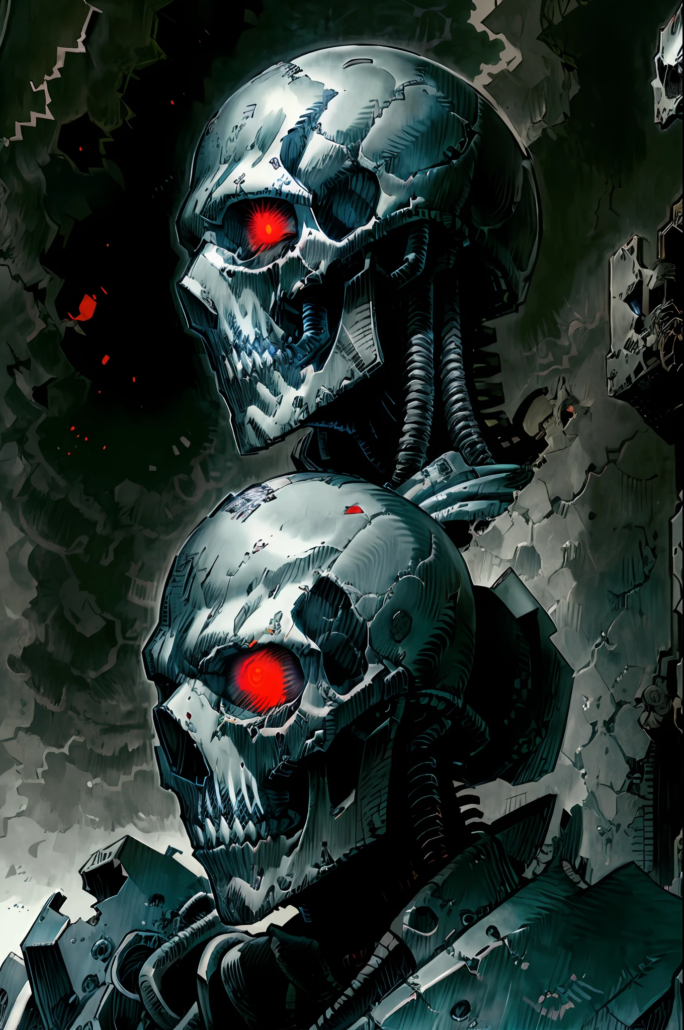 (Skull Sentinel Robot Face Red Eyes: 1.0) Sketch, Low detail, Line art, vector art, colors, by katsuhiro otomo and masamune shirow and studio ghilibi and yukito kishiro