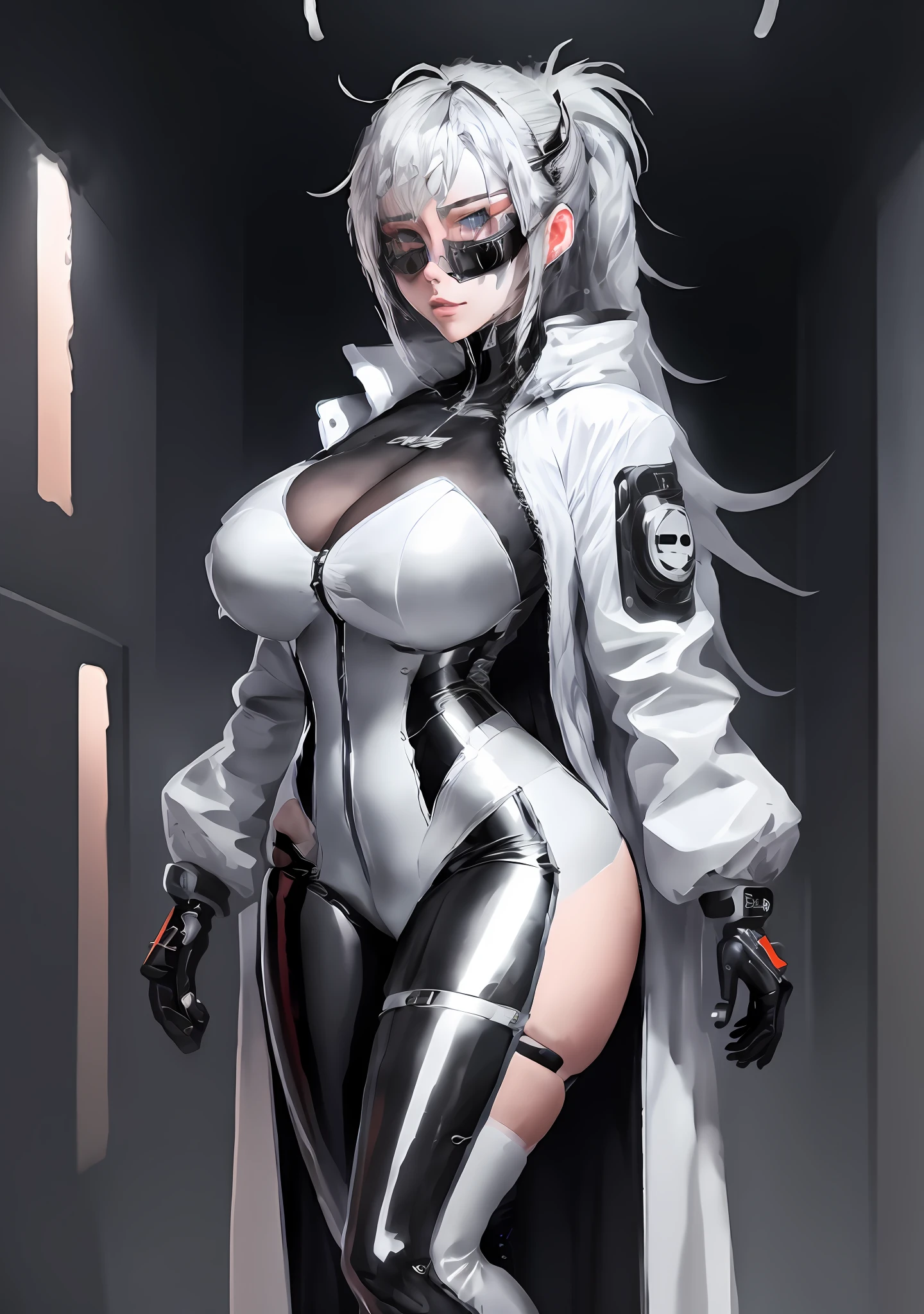 agirl, anime girl, mature woman, silver hair, hairpin, (silver latex set), opai cyberpunk, silver cyberpunk set, silver full body set, silver web set, silver cyberpunk glossy latex set, ((silver long coat)), ((half-faced ghost mask)), (night background, outdoor, cyberpunk building rooftop), cyberpunk, cyberpunk, (beautiful eyes, sharp eyes, cold face, full body), (high level of detail), perfect proportions, (big breasts), big ass