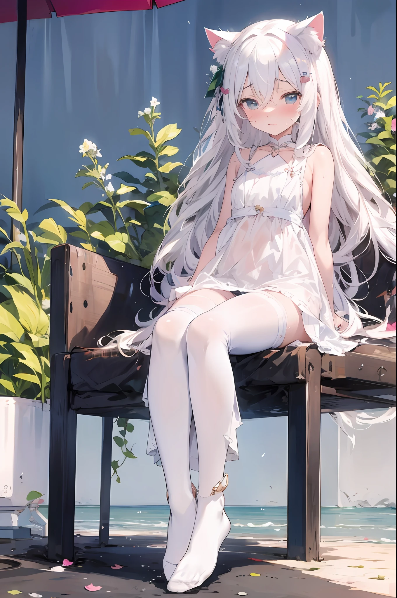 Anime girl sitting on bench with cat ears on her head, seductive anime girl, white-haired god, anime goddess, cute anime gaifu in beautiful clothes, white-haired girl, perfect white-haired girl, detailed white long hair, long-haired anime girl, beautiful anime girl, long-haired anime girl, anime Barbie doll with white stockings, shabby clothes, a lot of broken skin, sweating all over, sweating, urinary incontinence,