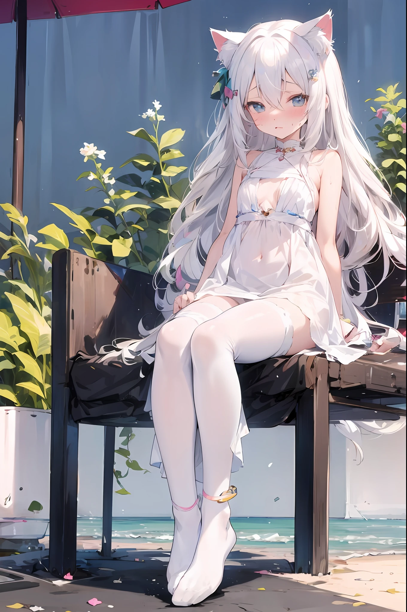 Anime girl sitting on bench with cat ears on her head,  anime girl, white-haired god, anime goddess, cute anime gaifu in beautiful clothes, white-haired girl, perfect white-haired girl, detailed white long hair, long-haired anime girl, beautiful anime girl, long-haired anime girl, anime Barbie doll with white stockings, shabby clothes, a lot of broken skin, sweating all over, sweating, urinary incontinence,