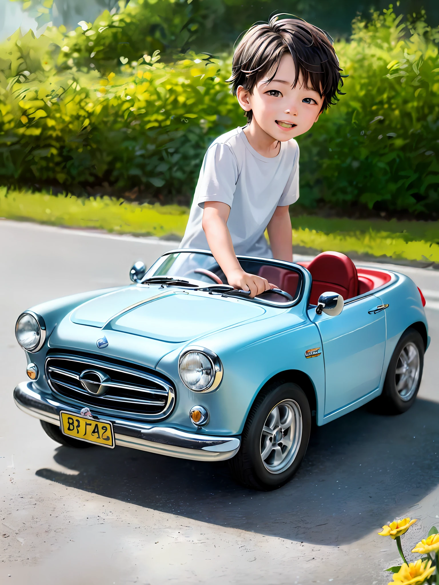 A cartoon-style little boy with a toy car in his hand enjoying the breezy summer together in the beautiful nature scenery and flowers. This highly detailed illustration with 4K resolution presents haunting facial features. Boy leg details, face details, body details