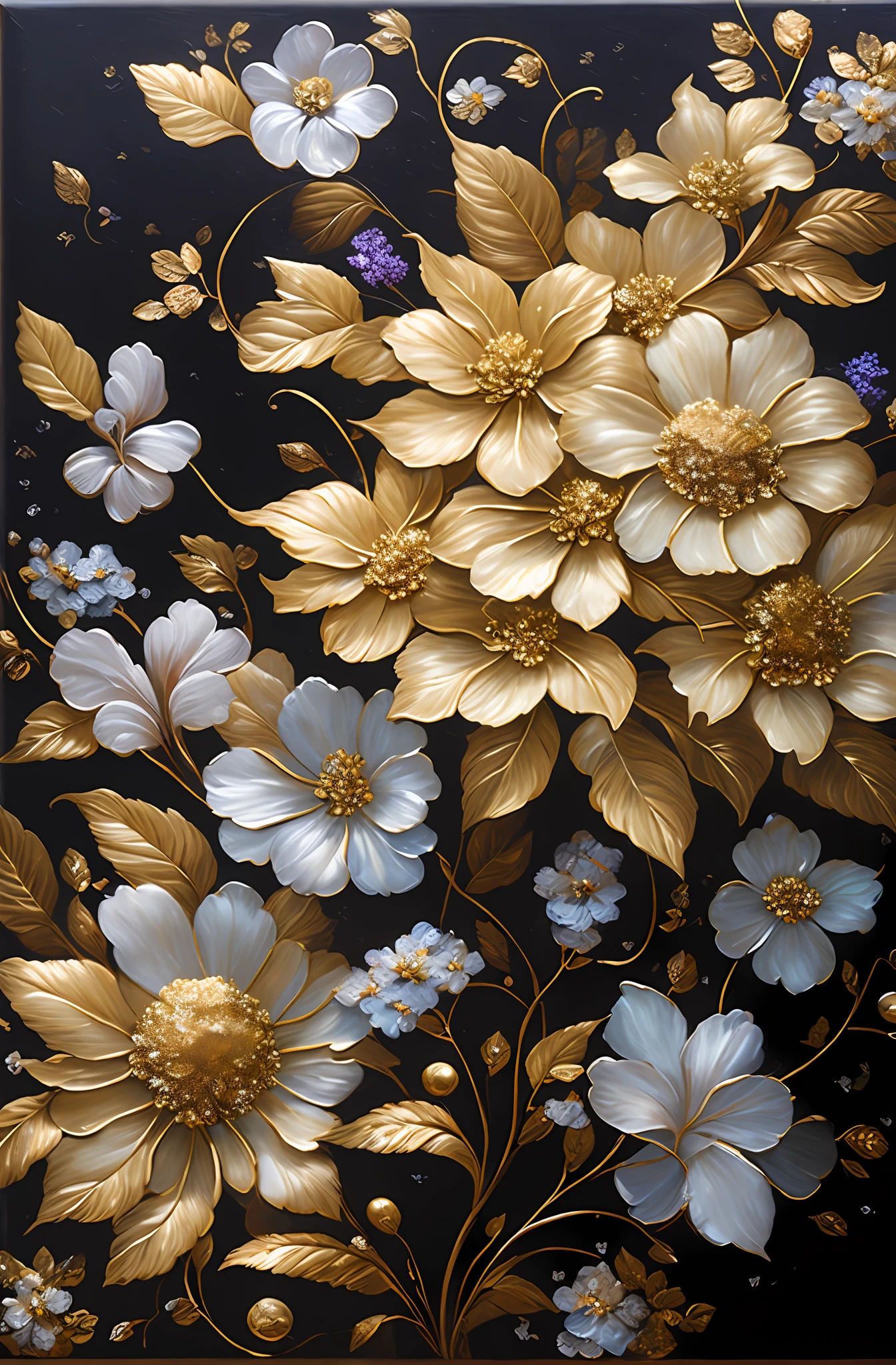 There is a painting of flowers with silver leaves, gold flowers, hydrangeas and morning glory, flowers and gold, gilded reliefs, detailed flowers, gorgeous flowers, golden flaky flowers, intricate flowers, chaotic gold leaf flowers, detailed 4K oil painting, stunning and rich details, gilded. Floral, floral. Baroque elements, intricate oil paintings