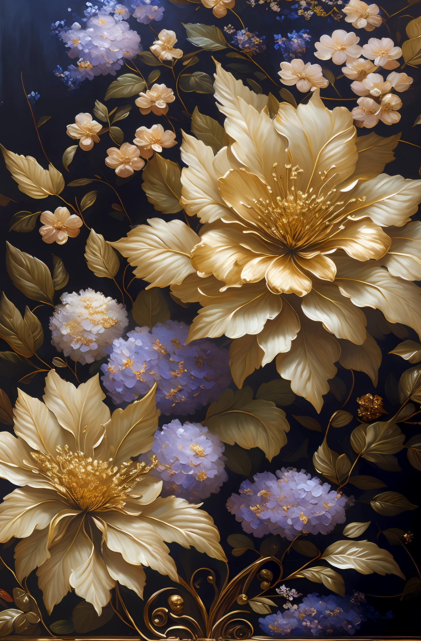 There is a painting of flowers with silver leaves, gold flowers, hydrangeas and morning glory, flowers and gold, gilded reliefs, detailed flowers, gorgeous flowers, golden flaky flowers, intricate flowers, chaotic gold leaf flowers, detailed 4K oil painting, stunning and rich details, gilded. Floral, floral. Baroque elements, intricate oil paintings