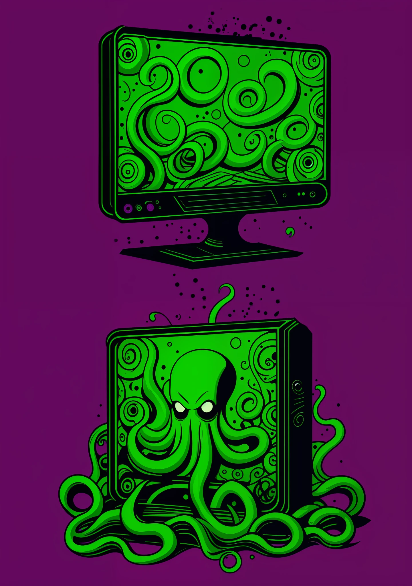 Style, cthulhutech 80s movie poster, purple and green