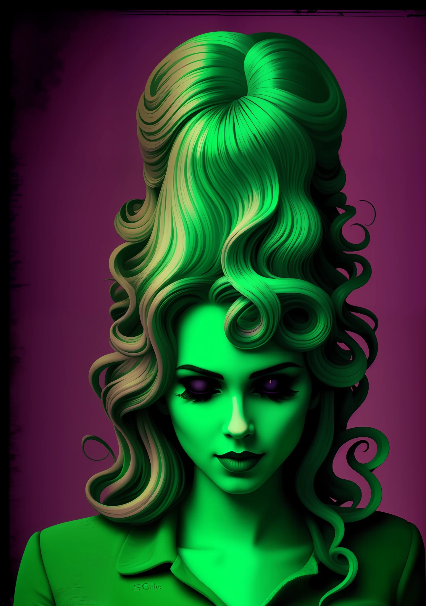 Style, cthulhutech 80s movie poster, purple and green