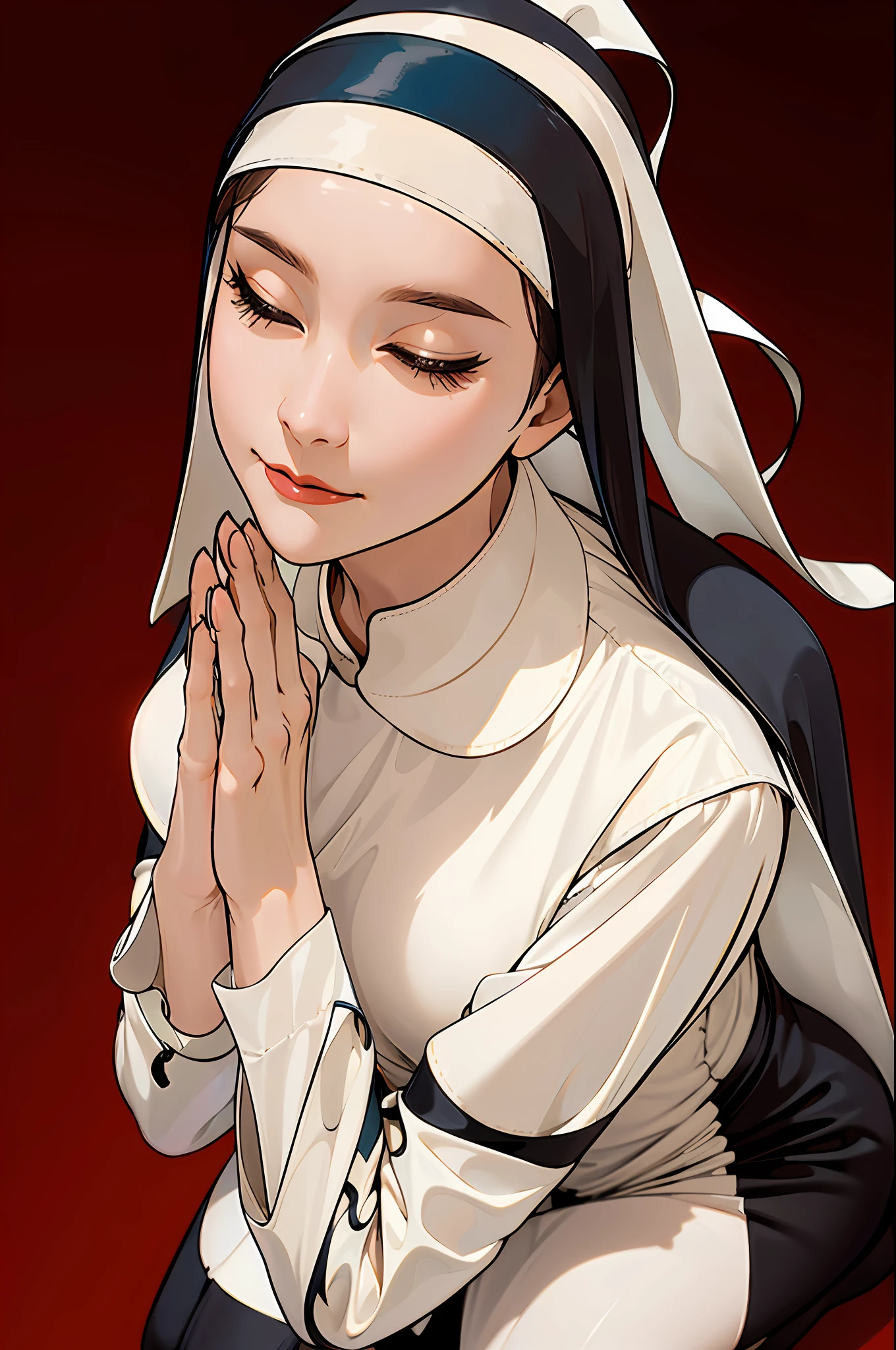 Piel perfecta,((1 girl dressed as a nun)), with her hands in prayer position, full body,(((praying on her knees)))
tight suit, ((pronounced neckline)), large tits, ((eyes closed)), masterpiece, pretty hands, well-made hands, marked neckline, heavenly light, holding a rosary,