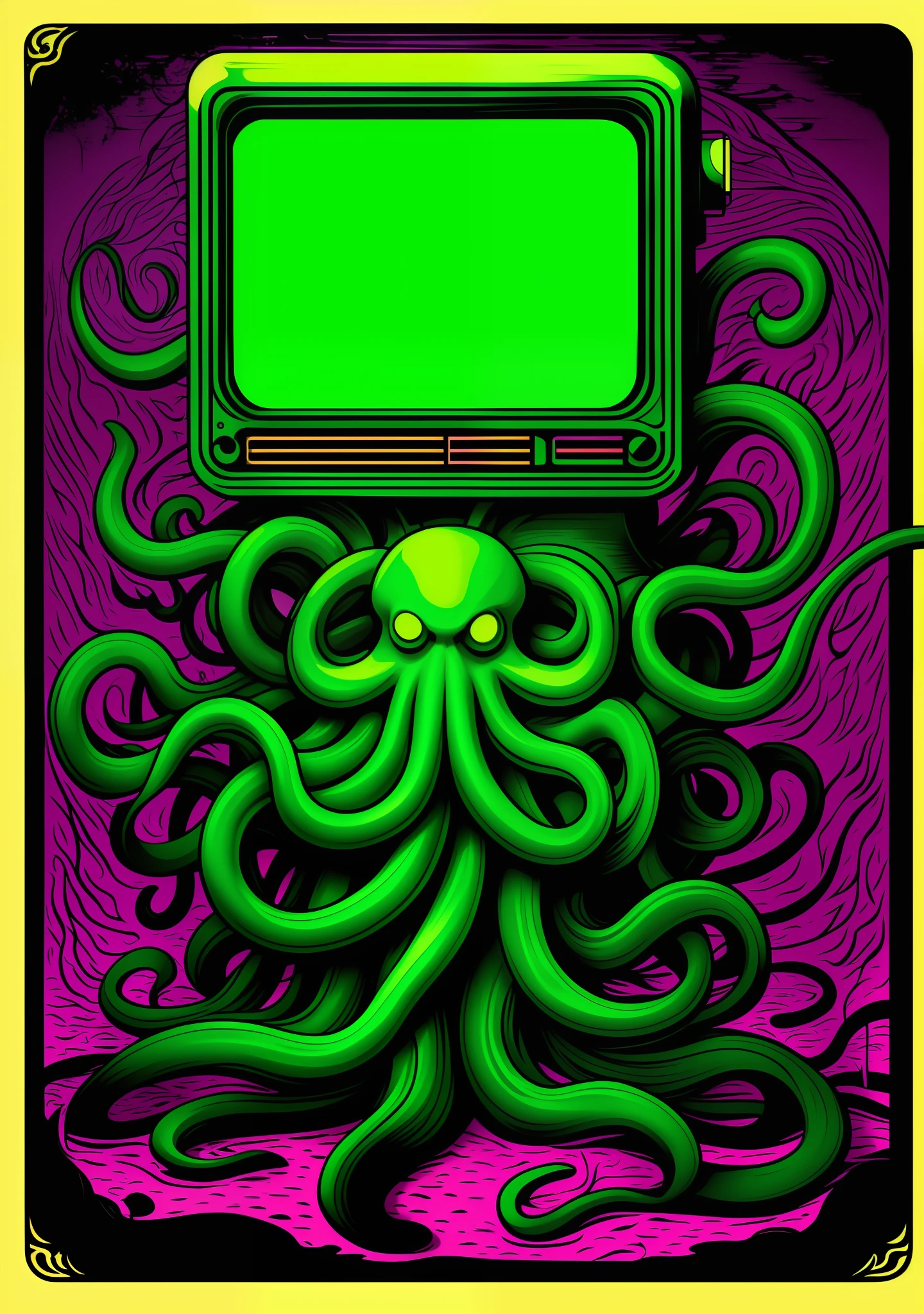 Style, cthulhutech 80s movie poster, purple and green