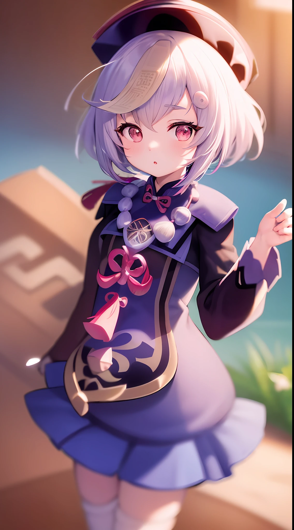 ofuda 1girl qiqi (genshin impact), (cute:1.1), masterpiece, best quality, perfect hand, wide hips, (windy:1.3), looking at the audience, standing in the water, wet clothes masterpiece, best quality, wallpaper
