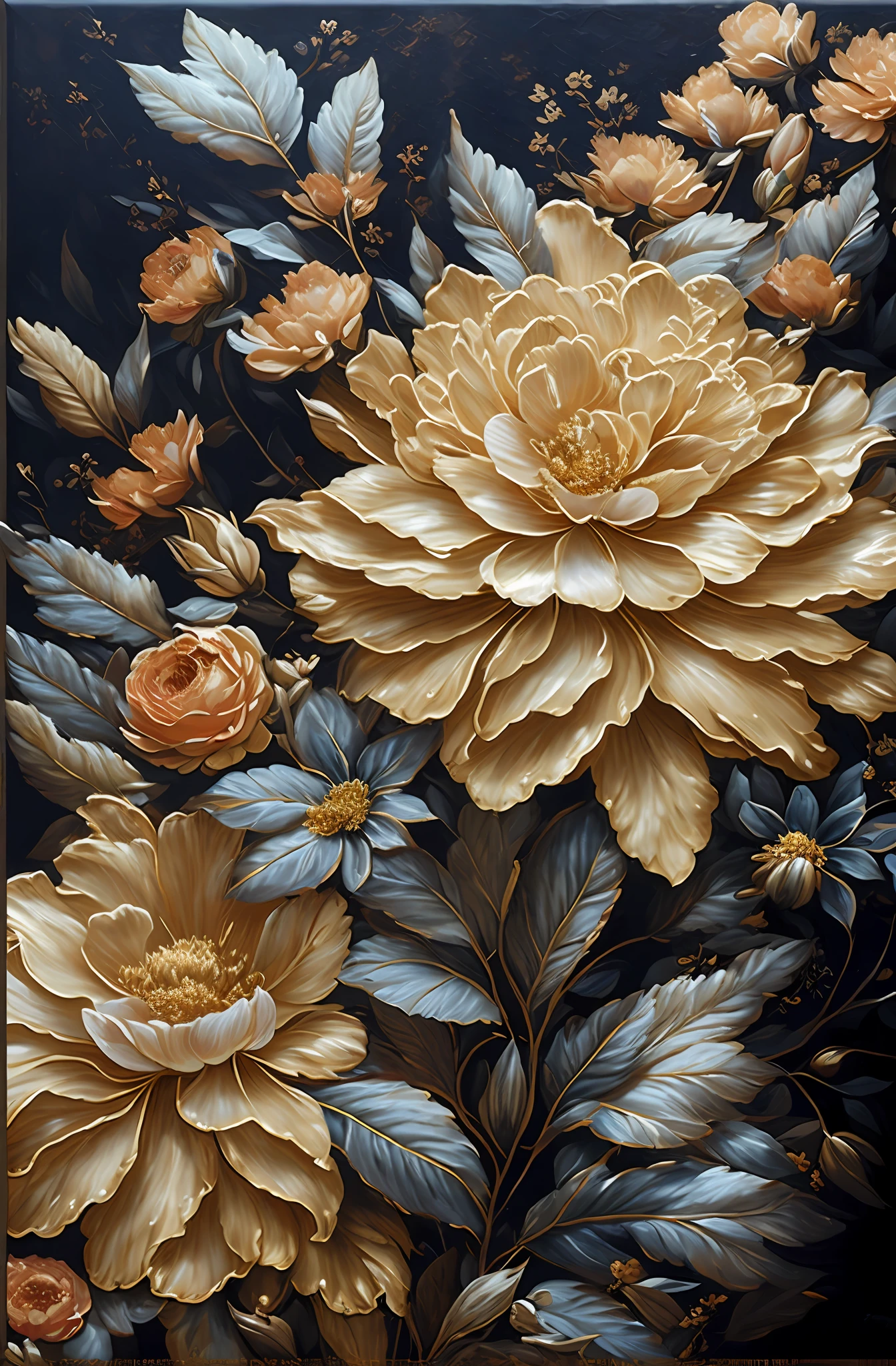 There is a painting of flowers, there are gold and silver leaves, gold flowers, golden peony flowers, golden roses, flowers and gold, (gilded relief: 1.5), detailed flowers, gorgeous flowers, golden flaky flowers, intricate flowers, chaotic gold leaf flowers, detailed 4K oil painting, stunning and rich details, gilded. Floral, floral. Baroque elements, intricate oil paintings