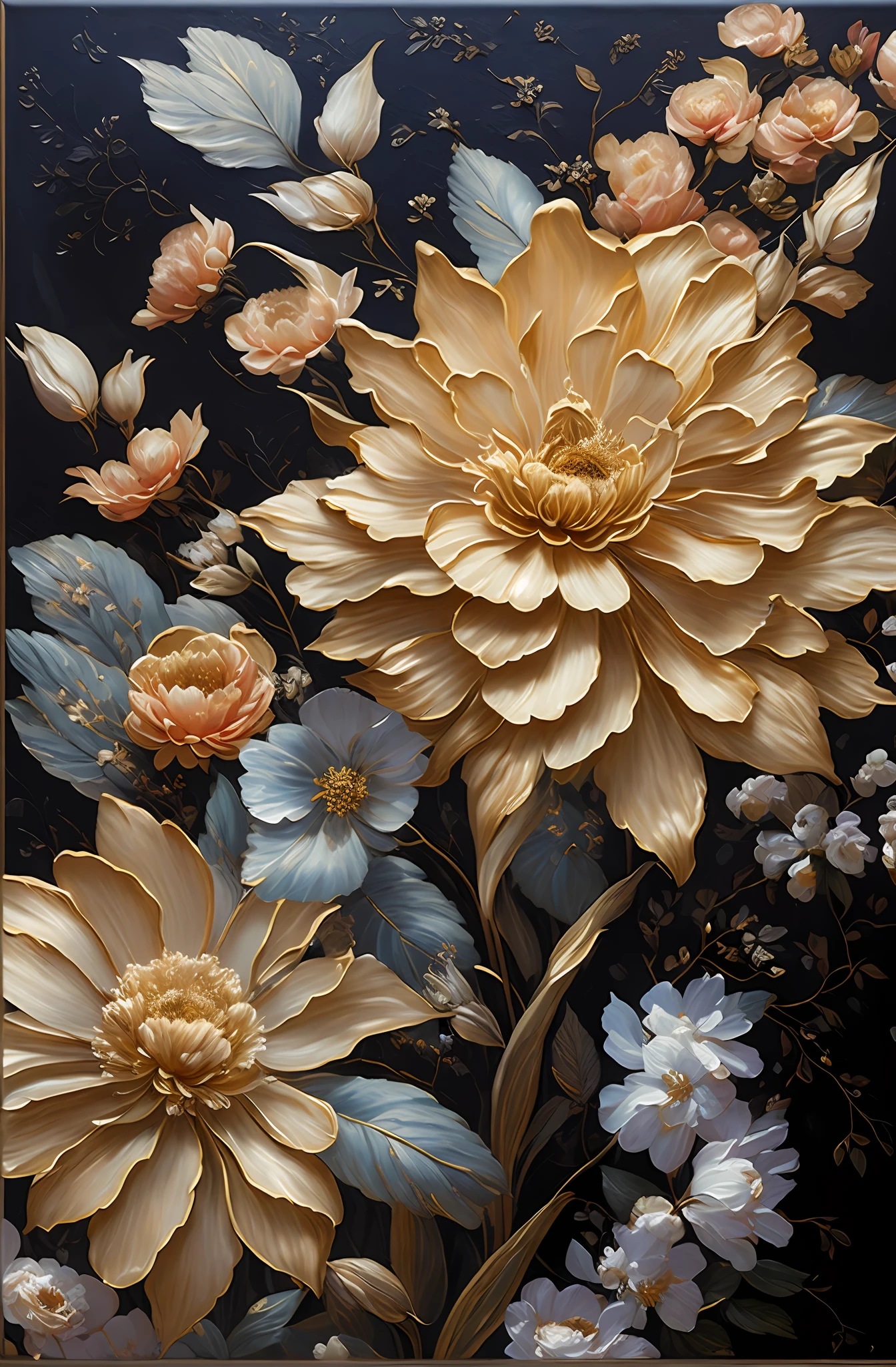 There is a painting of flowers, there are gold and silver leaves, gold flowers, golden peony flowers, golden roses, flowers and gold, (gilded relief: 1.5), detailed flowers, gorgeous flowers, golden flaky flowers, intricate flowers, chaotic gold leaf flowers, detailed 4K oil painting, stunning and rich details, gilded. Floral, floral. Baroque elements, intricate oil paintings