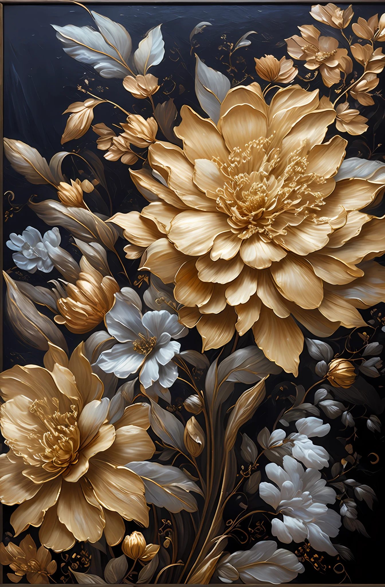 There is a painting of flowers, there are gold and silver leaves, gold flowers, golden peony flowers, golden roses, flowers and gold, (gilded relief: 1.5), detailed flowers, gorgeous flowers, golden flaky flowers, intricate flowers, chaotic gold leaf flowers, detailed 4K oil painting, stunning and rich details, gilded. Floral, floral. Baroque elements, intricate oil paintings