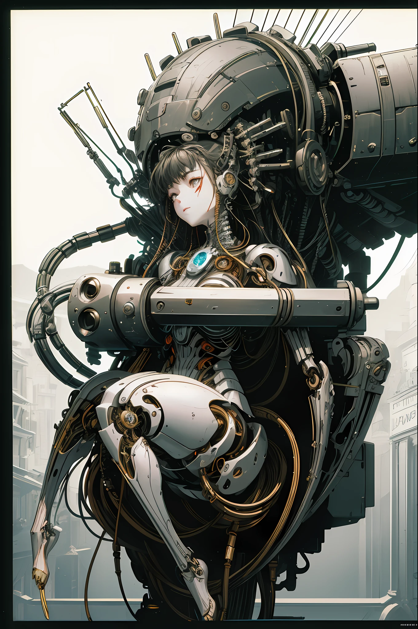 ((masterpiece)), ((best quality)), (ultra-detailed), (CG illustration), (an extremely devious and beautiful)), (cute desktop face), cinematic light, ((1 mechanical girl)), single, full, (machine-made joints : 1.4), ((Mechanical limb)), (Blood vessels attached to tubes), ((Mechanical spine attached to back)), ((Mechanical cervical vertebrae attached to neck), (War Machine), Expressionless, (wires and cables attached to head and body: 1.5), (Character focus), Science fiction