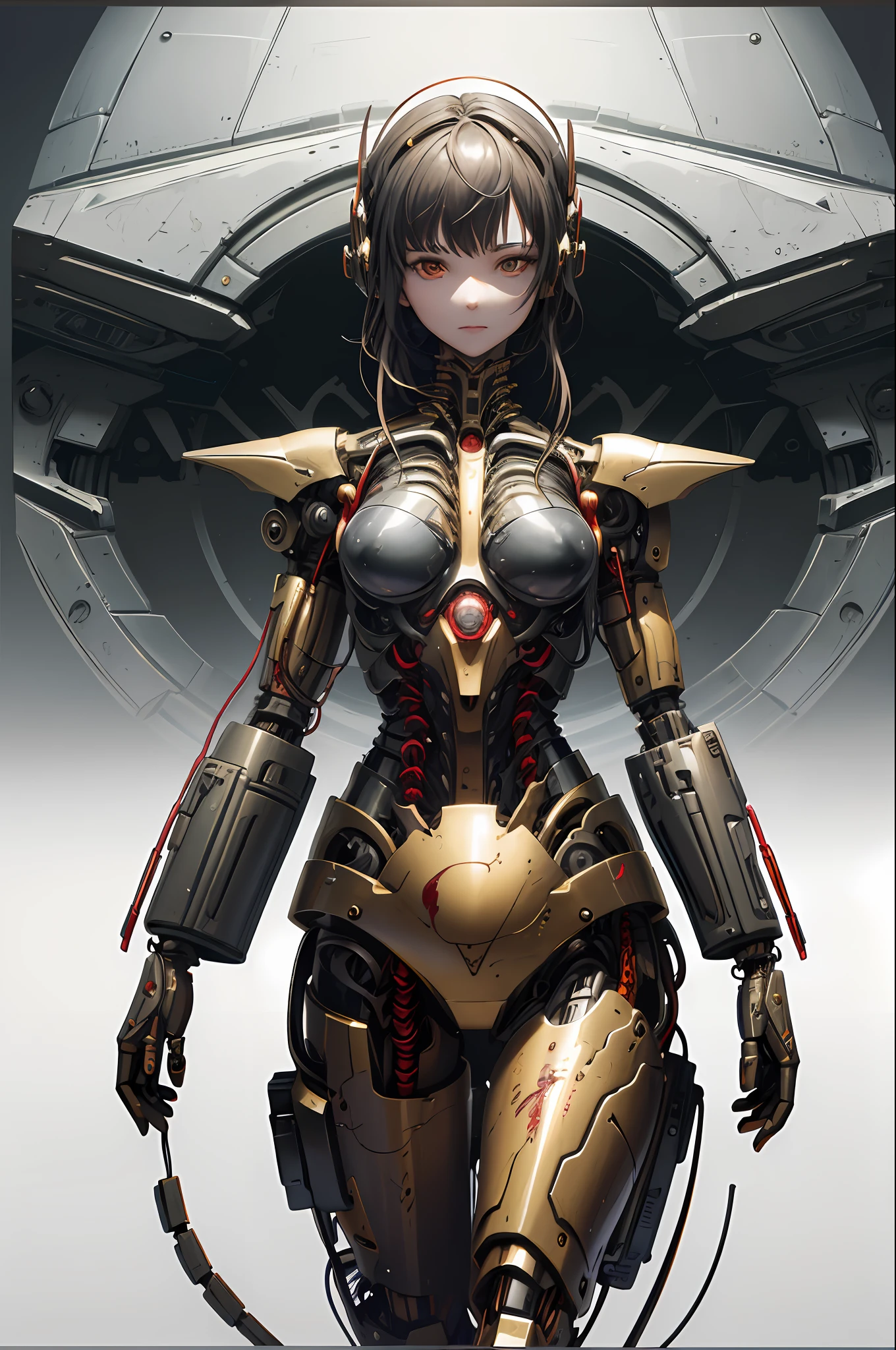 ((masterpiece)), ((best quality)), (ultra-detailed), (CG illustration), (an extremely devious and beautiful)), (cute desktop face), cinematic light, ((1 mechanical girl)), single, full, (machine-made joints : 1.4), ((Mechanical limb)), (Blood vessels attached to tubes), ((Mechanical spine attached to back)), ((Mechanical cervical vertebrae attached to neck), (War Machine), Expressionless, (wires and cables attached to head and body: 1.5), (Character focus), Science fiction