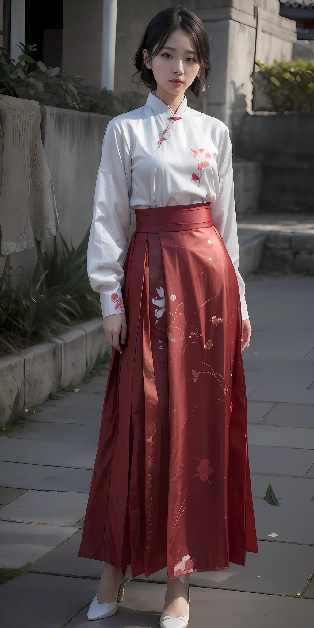 arafed woman in a red skirt and white shirt standing on a sidewalk, intricate hakama, hakama kimono, hanfu, wearing hakama, wearing ancient chinese clothes, traditional chinese clothing, palace ， a girl in hanfu, red kimono with flower patterns, inspired by Guo Xi, with acient chinese clothes, inspired by Yun Shouping