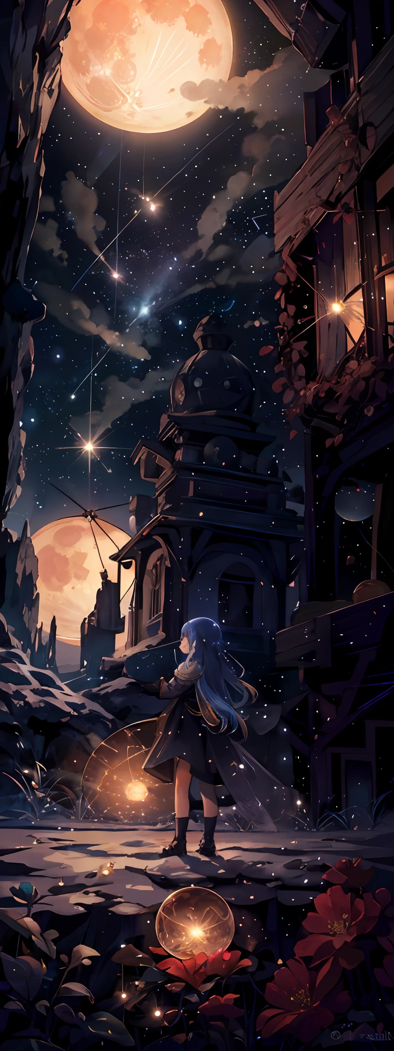 Expansive landscape photograph, (view from below with a view of the sky and wilderness below), little girl standing in a flower field looking up, (full moon: 1.2), (shooting star: 0.9), (nebula: 1.3), distant mountain, tree break production art, (warm light source: 1.2), (firefly: 1.2), lamp, purple and orange, intricate detail, volume lighting, realism break (masterpiece: 1.2) (Best Quality), 4K, Ultra-Detailed, (Dynamic Composition: 1.4), Highly Detailed and Colorful Detail, (Iridescent Colors: 1.2), (Radiant Lighting, Atmospheric Lighting), Dreamy, Magical, (Solo: 1.2), Realistic Flowers, Material, Walls, Ultra-Fine Flowers, Picturesque Walls, Falling Stars, Meteor Shower, Shooting Stars, Fireflies, Small Balls of Light, Orbs, Fantastic, Light Particles, Star Rain, Star Shake, Blue Moon, Crescent, Pentagram, First magnitude, Betelgeuse, Glass Ball
