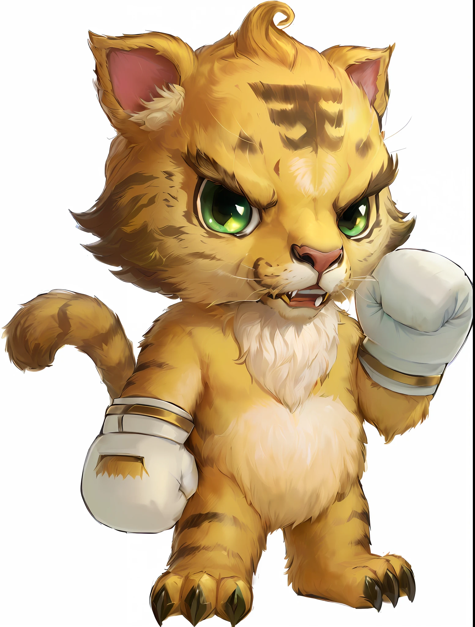 (Anthropomorphic Tiger) | (No participation, wearing white boxing gloves, Sword Girl game character, (Saber-toothed Tiger + Tabassi: 1.3), Antique painting style, male Tabassi, (complex hair: 1.3, curly hair), green pupils, delicate facial features, golden cat armor, serious expression, natural light,