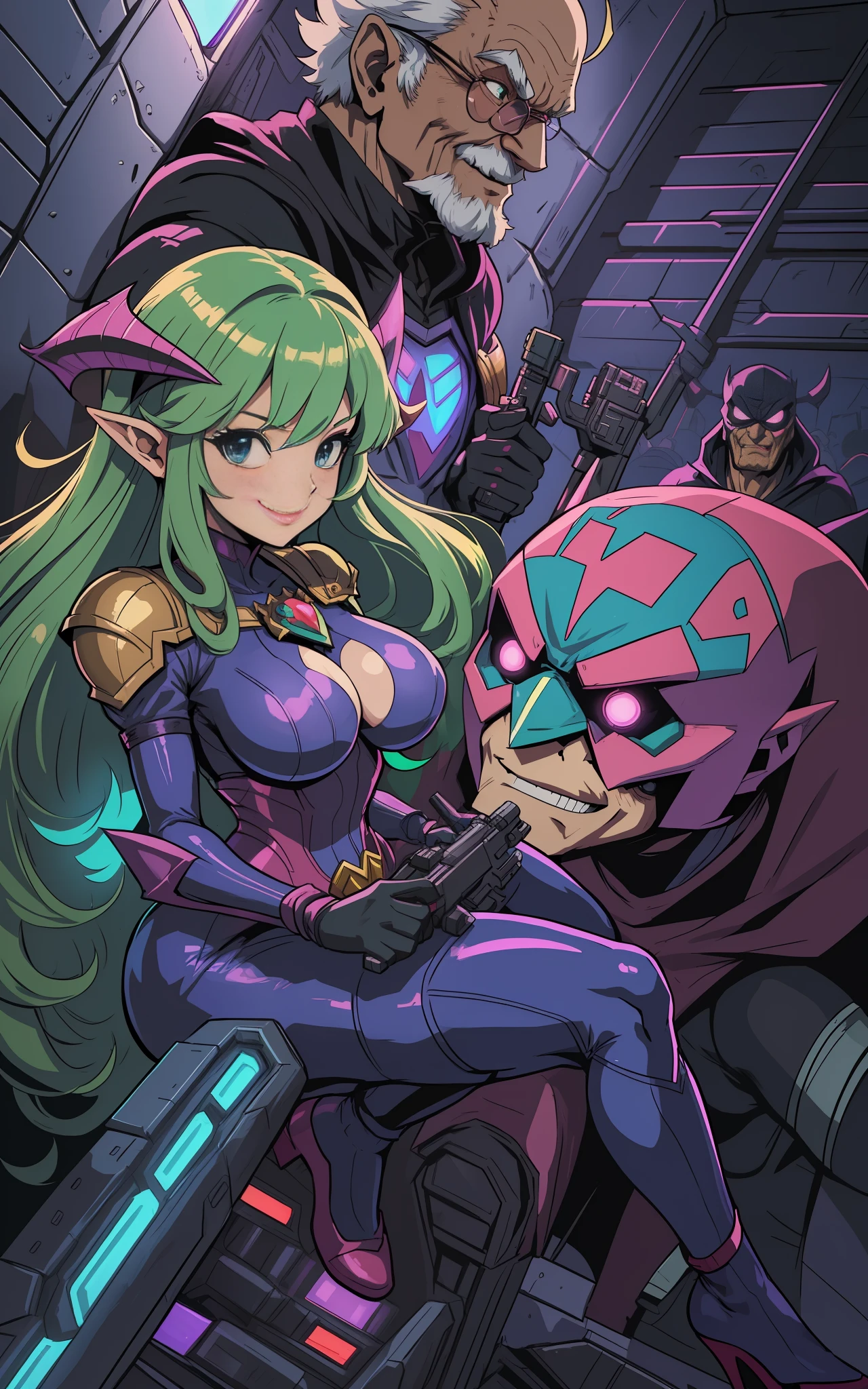 Super Metroid, (full body photo: 1.5), several men and Princess Zelda in maid cosplay costume|Spiderman|Batman|Superman, inside a crowded spaceship and (Old Man+Demon is holding her tight), and ((the others are squeezing her in the corner of the nave)), she has (very short green hair blowing in the wind), (black eyes: 1.0), big breasts, is looking at the old man, smiling and the (Old man is holding a futuristic machine gun). Anime style (max resolution and quality and detail:1.5), (masterpiece:1.2)
