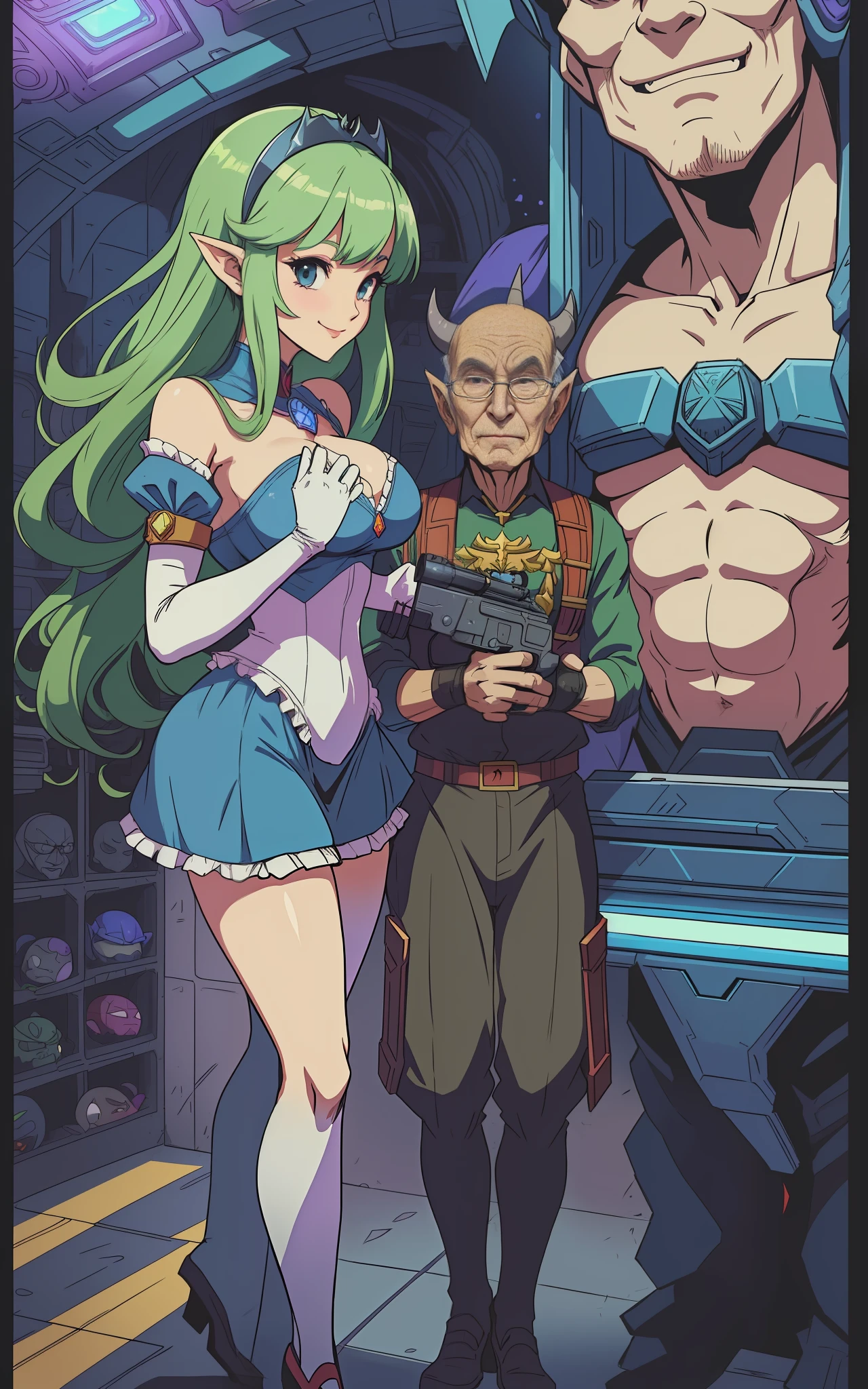 Super Metroid, (full body photo: 1.5), several men and Princess Zelda in maid cosplay costume|Spiderman|Batman|Superman, inside a crowded spaceship and (Old Man+Demon is holding her tight), and ((the others are squeezing her in the corner of the nave)), she has (very short green hair blowing in the wind), (black eyes: 1.0), big breasts, is looking at the old man, smiling and the (Old man is holding a futuristic machine gun). Anime style (max resolution and quality and detail:1.5), (masterpiece:1.2)