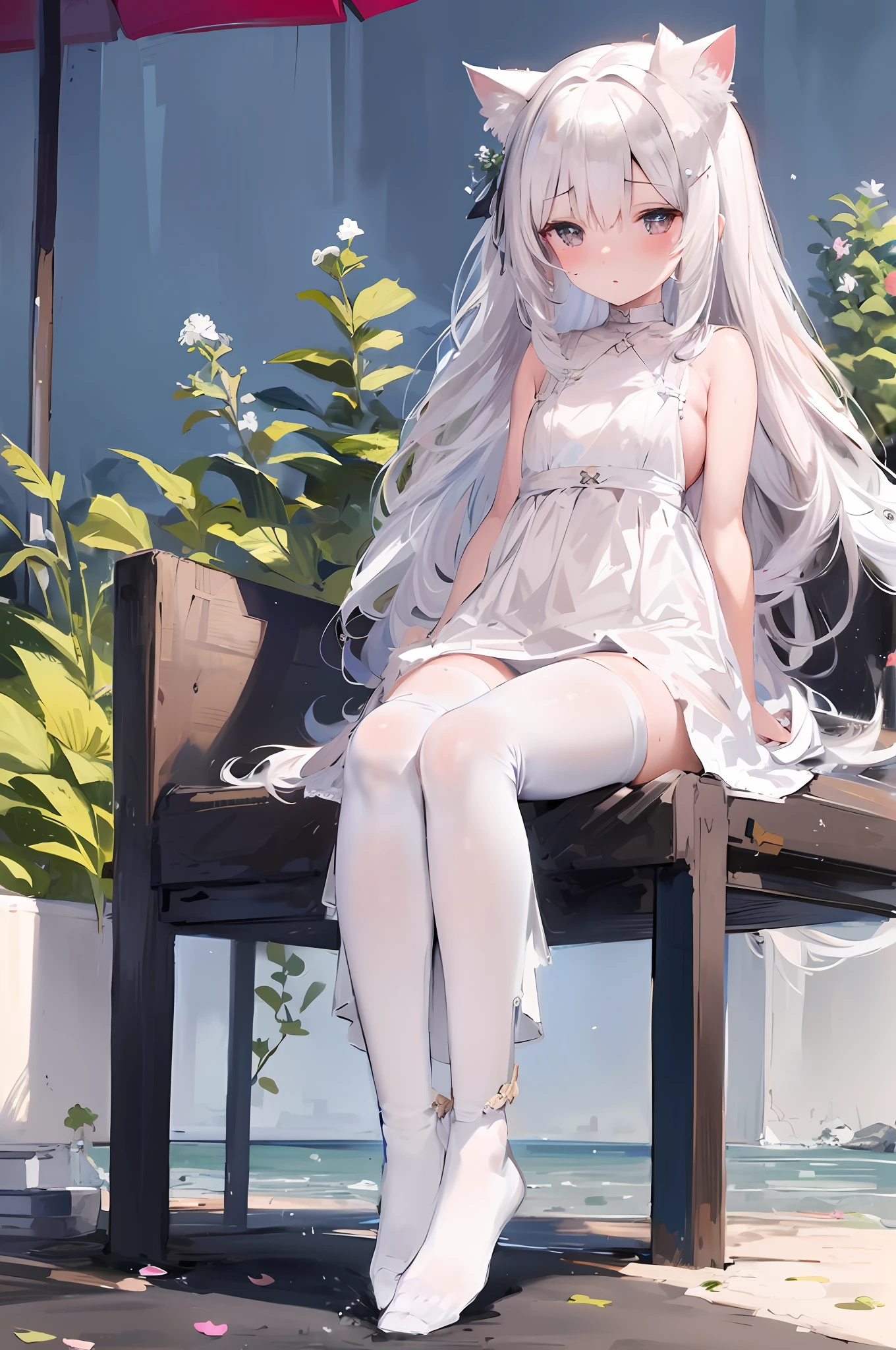Anime girl sitting on bench with cat ears and white dress, white dress !! Silver hair, cute anime Huaifu in beautiful clothes, white hair god, loli in skirt, girl with white hair, perfect girl with white hair, white hair, guweiz on the pixiv art station, flowing white hair, long white hair, long white hair, white pantyhose with a lot of sweat,