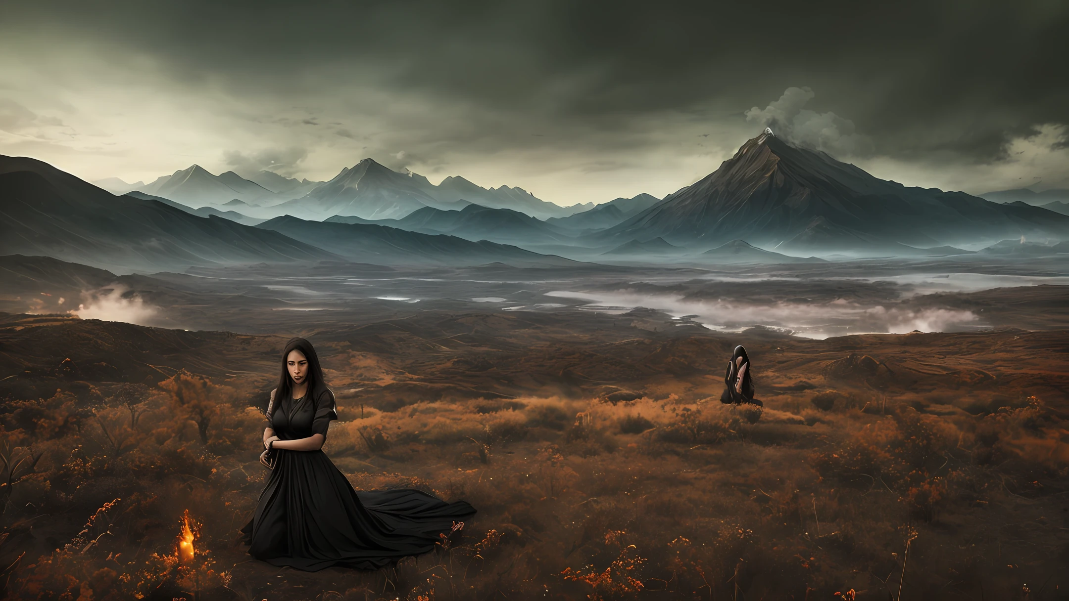 Best Quality Landscape photograph, the world is on apocalypse, there is only one survivor , 1 girl , kneeling down , demons everywhere , Sorrow
