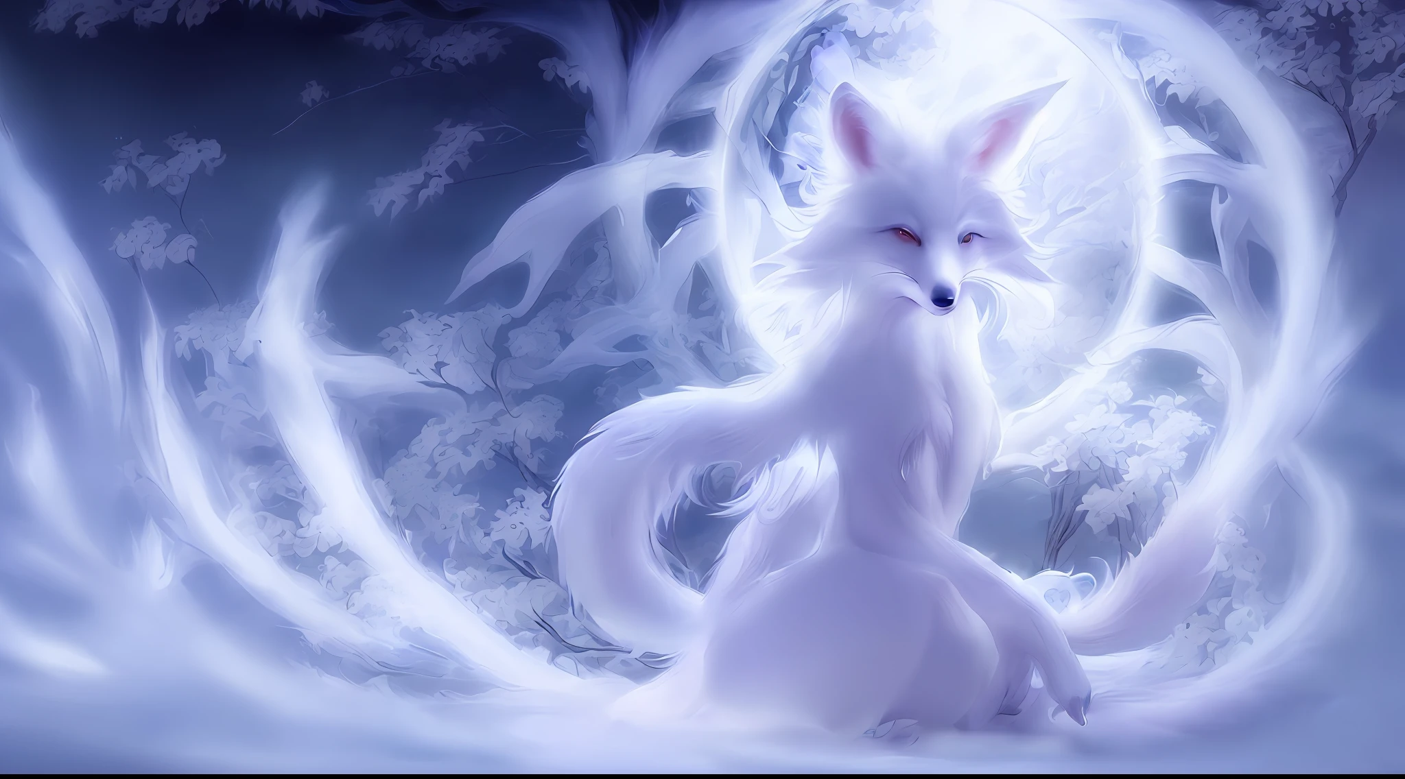 White Haired Fox Painting, Ethereal Fox, (Nine-Tailed Fox), Onmyoji Detailed Art, ((Nine-Tailed)), Female Fox, Beautiful Artwork Illustration, Mythical Creatures, Beautiful Digital Art Artwork, Exquisite Digital Illustration, Mizutsune, Inspired by Mythical Creature Wildnet, Digital Art on Pixiv, Bright Light, High Contrast, Horror Movie Theme, Dark Atmosphere