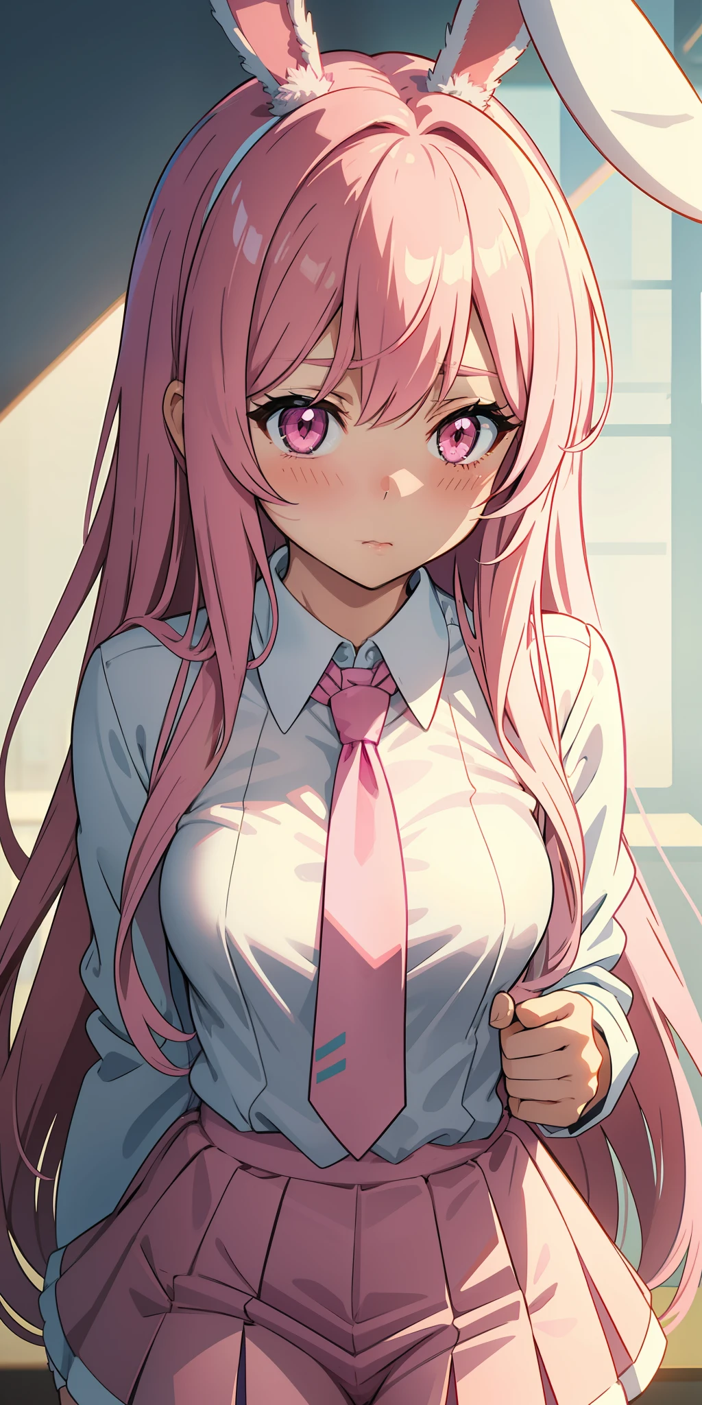Anime girl with pink hair and bunny ears in pink tie, pink eyes, shy blush
