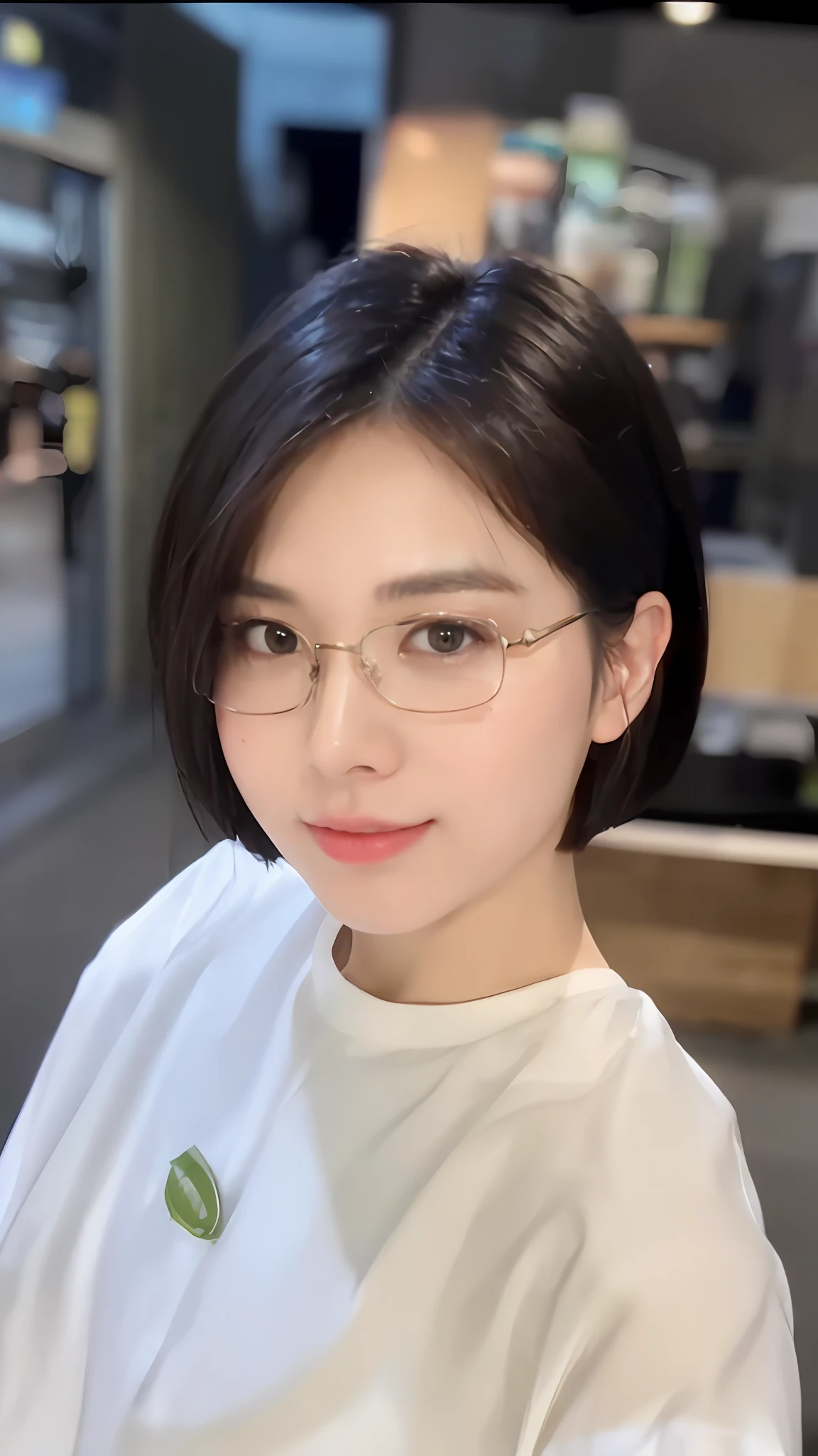 ((Best quality, 8k, Masterpiece :1.3)), Sharp focus :1.2, A pretty woman in glasses with perfect figure :1.4, Slender abs :1.2, ((Layered haircut, Big breasts :1.2)), (Wet thin white button up long shirt :1.1), City street:1.2, Highly detailed face and skin texture, Detailed eyes, Double eyelid