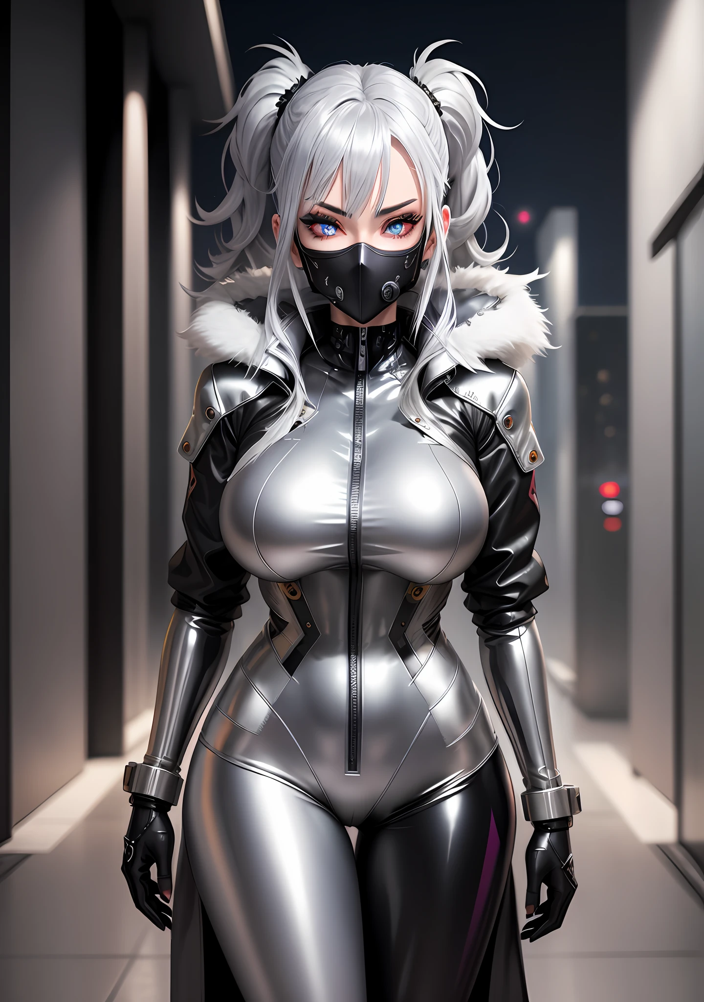 agirl, anime girl, mature woman, silver hair, hairpin, (silver latex set), opai cyberpunk, silver cyberpunk suit, silver full body set, silver web set, silver cyberpunk glossy latex set, ((silver long coat)), ((half-faced ghost mask)), (night background), cyberpunk, cyberpunk, (beautiful eyes, sharp eyes, cold face, full body), (high level of detail), perfect proportions, (big breasts), big ass