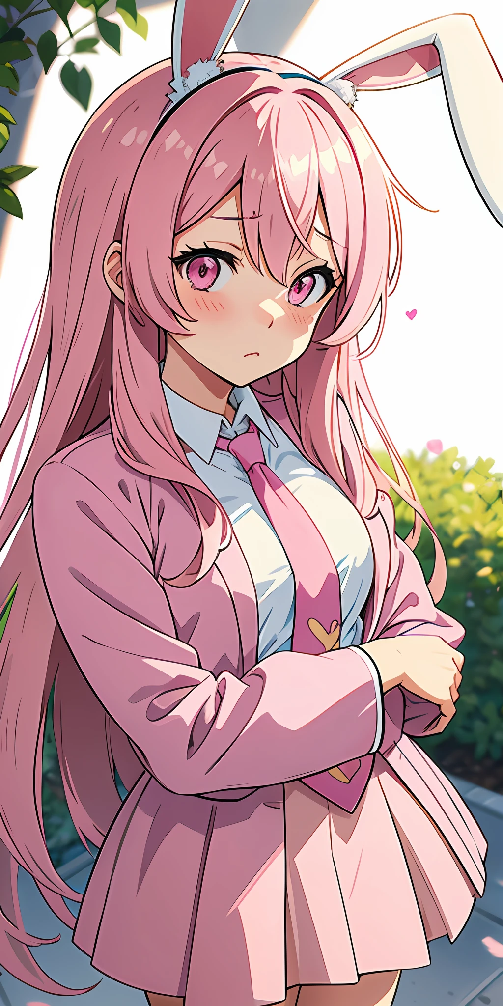 Anime girl with pink hair and bunny ears in pink tie, pink eyes, shy blush