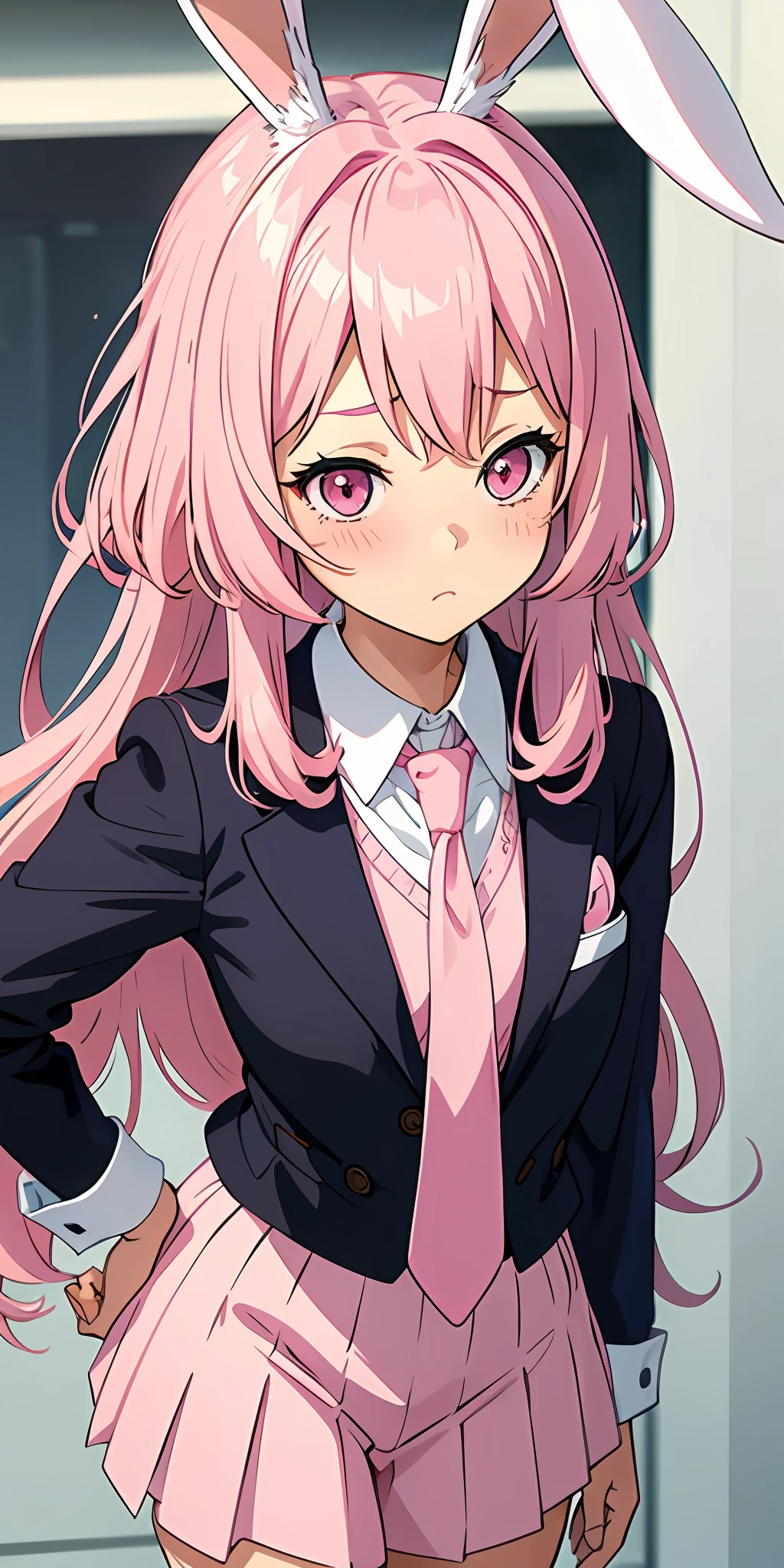 Anime girl with pink hair and bunny ears in pink tie, pink eyes, shy blush