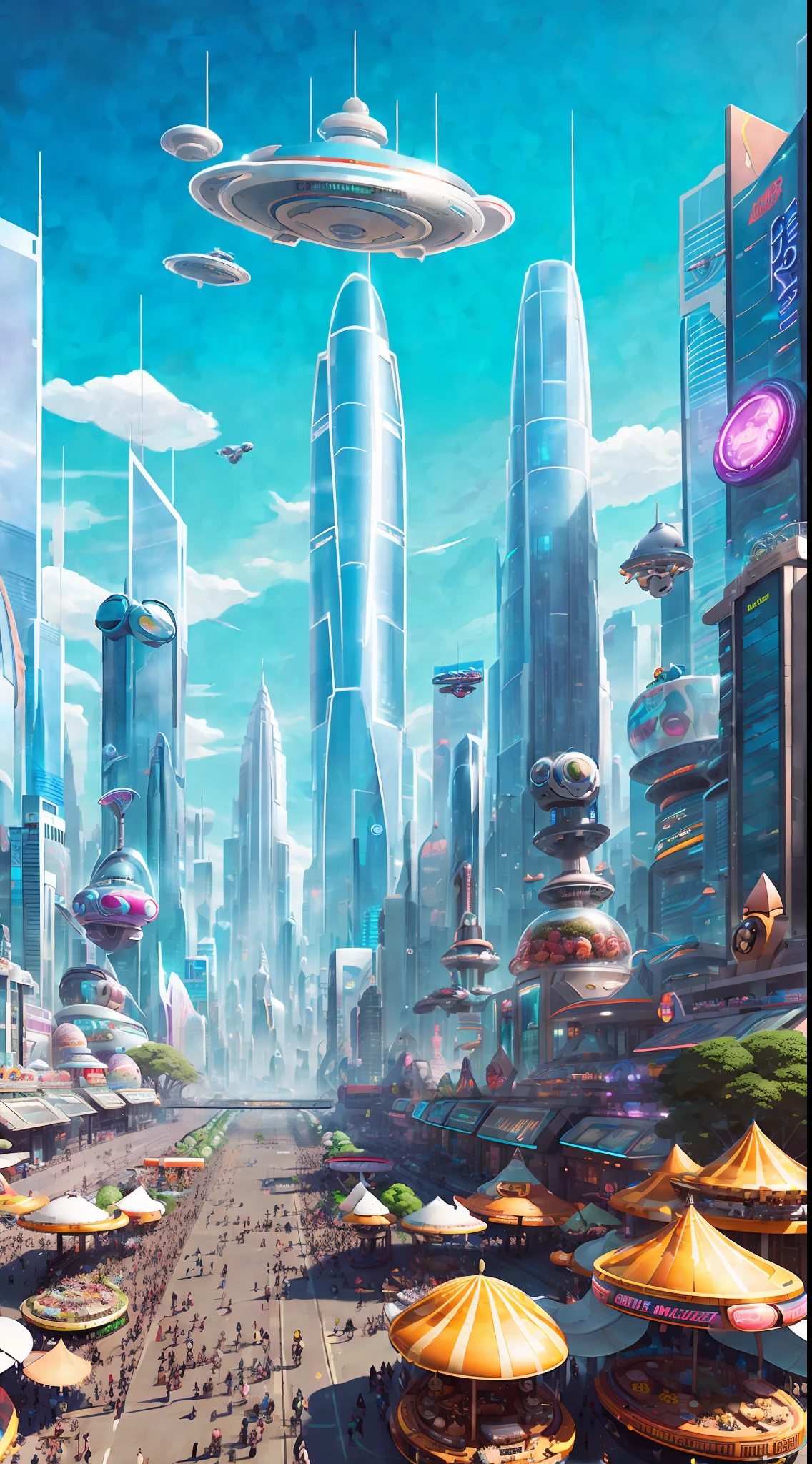 A bustling futuristic cityscape with floating skyscrapers and hovercars zooming between them. In the center of the city is a massive outdoor marketplace, filled with colorful stalls selling a wide variety of bizarre alien goods. The overall tone is lighthearted and whimsical, by Justin Maller