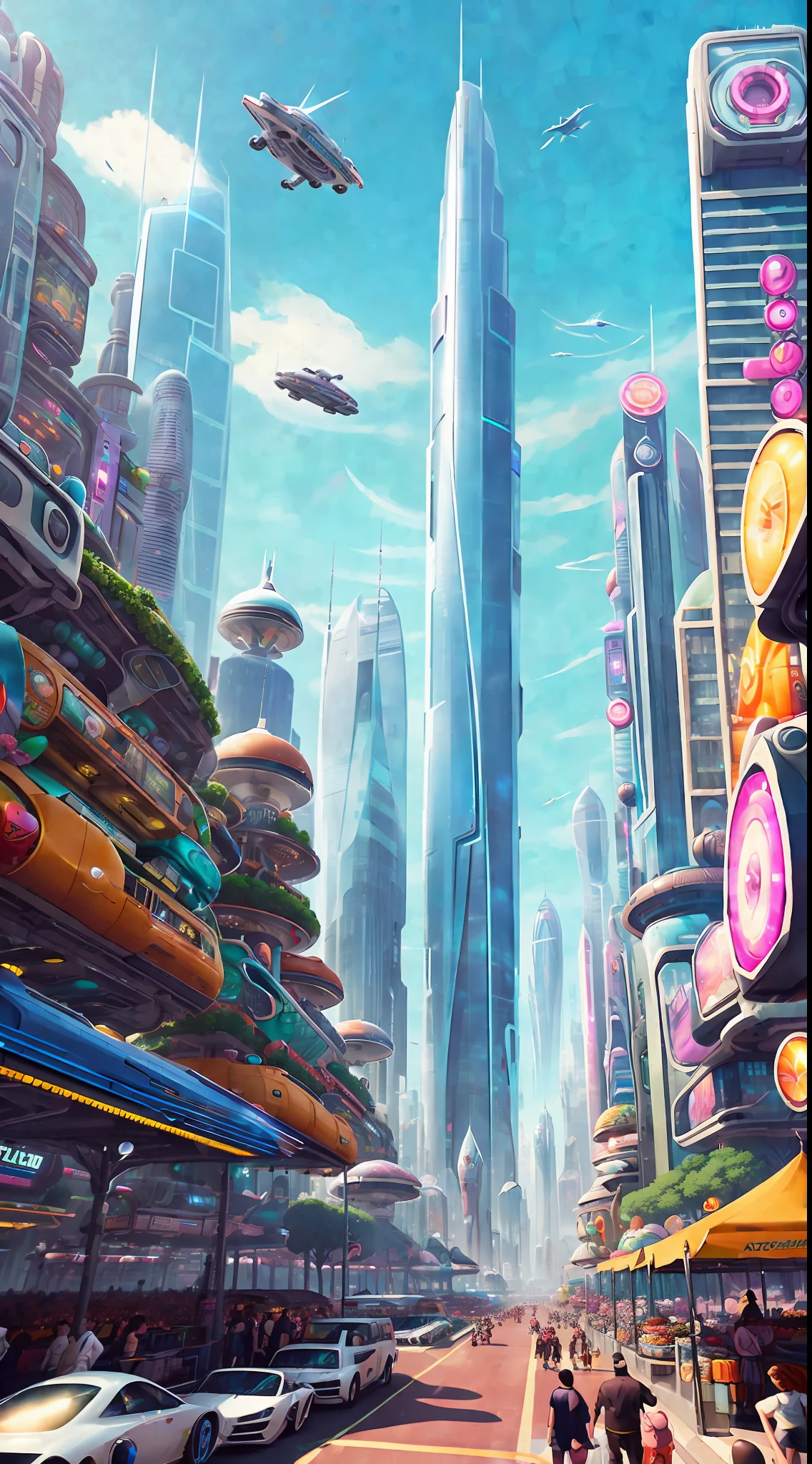 A bustling futuristic cityscape with floating skyscrapers and hovercars zooming between them. In the center of the city is a massive outdoor marketplace, filled with colorful stalls selling a wide variety of bizarre alien goods. The overall tone is lighthearted and whimsical, by Justin Maller