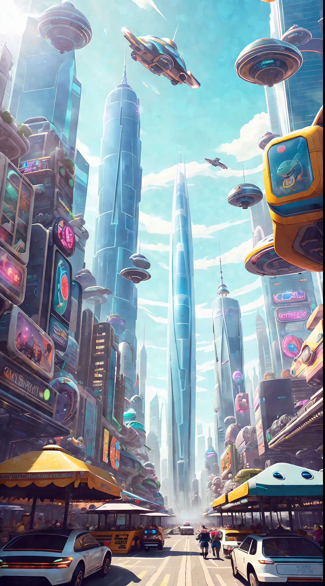 A bustling futuristic cityscape with floating skyscrapers and hovercars zooming between them. In the center of the city is a massive outdoor marketplace, filled with colorful stalls selling a wide variety of bizarre alien goods. The overall tone is lighthearted and whimsical, by Justin Maller