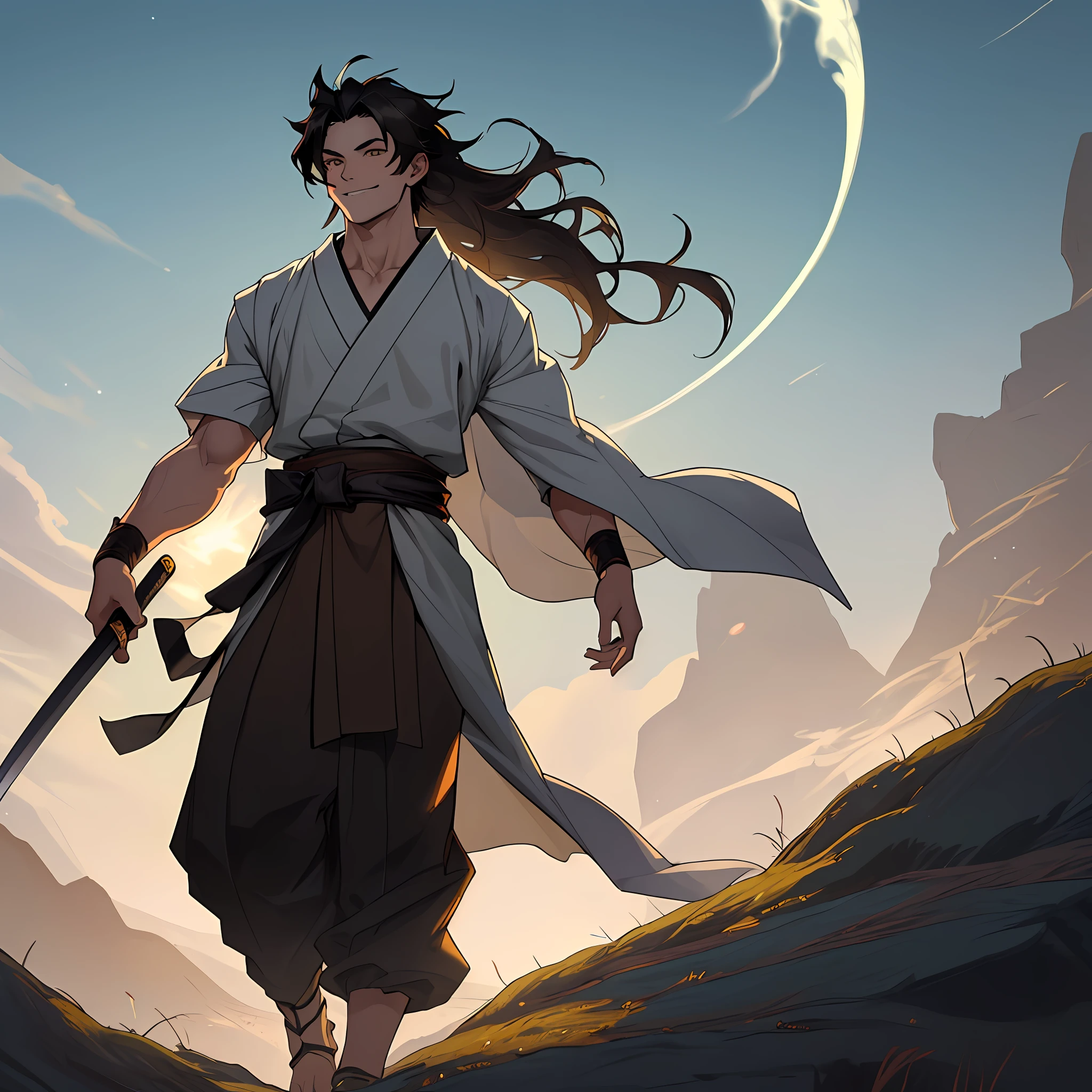 ((best quality)), ((ultradetailed)), ((masterpiece)), best quality (katana: 1.4), serious,(at night: 1.4), a 15-year-old teenager who has his hair in black, long that is loose in the wind, his hair is continuous and poured down his body, straight and shiny, which falls gently to the waist. Your hair is thick and has a healthy appearance, your hair is large and not stuck, contrasting with your fair skin. The young man's eyes are deep and emerald green, intense as two light pearls. They reflect calm and an inquisitive curiosity. He has a big smile on his face and a watchful eye. With his upright posture, the young man shows a confident bearing and a cheerful and hyperactive aura. He wears a brown, black and light green kimono with a large brown ribbon at his waist, sleeveless, made of a quality fabric. giving him the look of a swordsman. At his waist, he carries a white katana with gray details on the blade. The long, sharp blade is made of polished steel, reflecting light. The scabbard of the sword adorned with demonic symbols. He's on a rocky mountain feeling the wind. He has a large reddish brown scar on his cheek. He has a cheerful face. He has a brown cloth wrapped around his neck. The trees sway in the background. Kimetsu no Yaiba style, alone, 1boy, demon slayer style, loose hair, petulant look, smiling, confident, only 1, spilled hair, loose and big hair, demon slayer artstyle, full body