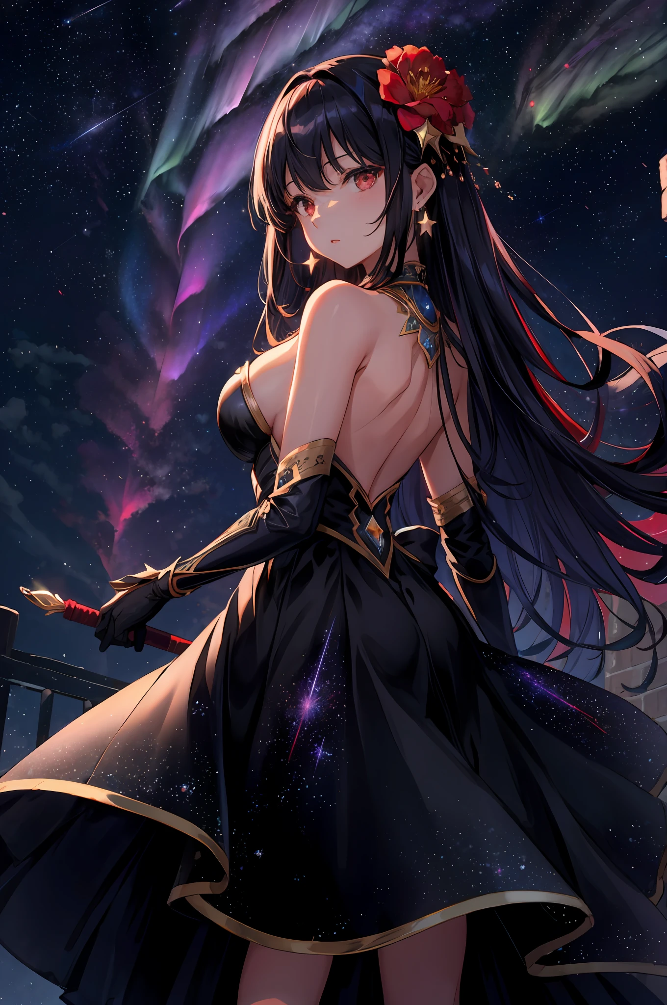 1girl, aurora, back, bairs, bare_shoulders, blackhair, breasts, constellation, dress, earrings, earth(planet), fireworks, flower, fur_trim, galaxy, gloves, hair_flower, hair_ornament, holding, jewelry, large_breasts, light_particles, long_hair, looking_at_viewer girl, aurora, back, bangs, bare shoulders, brunet, breasts, zodiac sign, dress, earrings, earth (planet), fireworks, flowers, fur decoration, galaxy, gloves, hair_flower, hair_ornament, holding, jewelry, Big Tits, light_particles, long_hair, looking_at_viewer, Milky Way, Night, Night Sky, Planet, Red Eye, Red Flower, Rose, Shooting Star, Sky, Snow, Solo, Space, Stars (Sky), Starry Sky, Starry Sky Print, Weapon