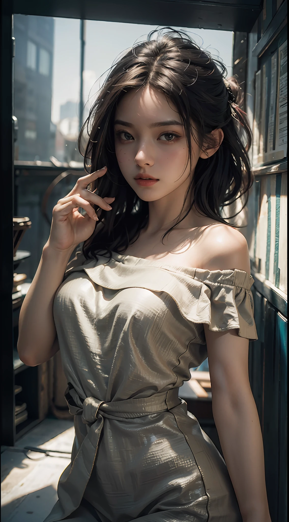 Best quality, masterpiece, ultra high res, (photorealistic:1.4), raw photo, 1girl, off shoulder, cinematic lighting