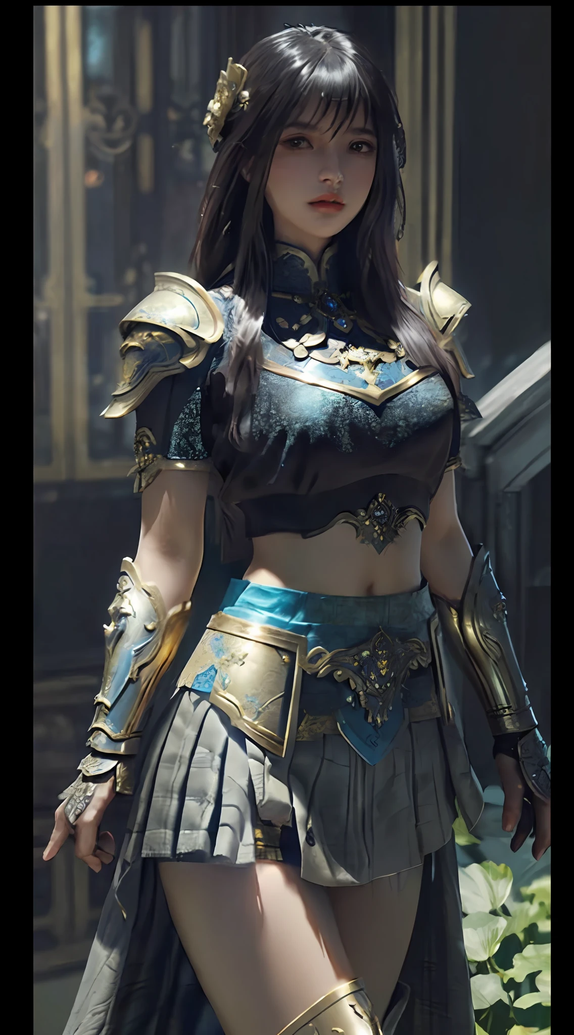 a sexy woman in a gold and blue lotus lace armor skirt, chengwei pan on artstation, by Yang J, detailed fantasy art, stunning character art, fanart best artstation, epic exquisite character art, beautiful armor, extremely detailed artgerm, detailed digital anime art, artgerm on artstation pixiv, armor girl, cleavage:1.5 , big breasts:1.4, (mini skirt:1.5)