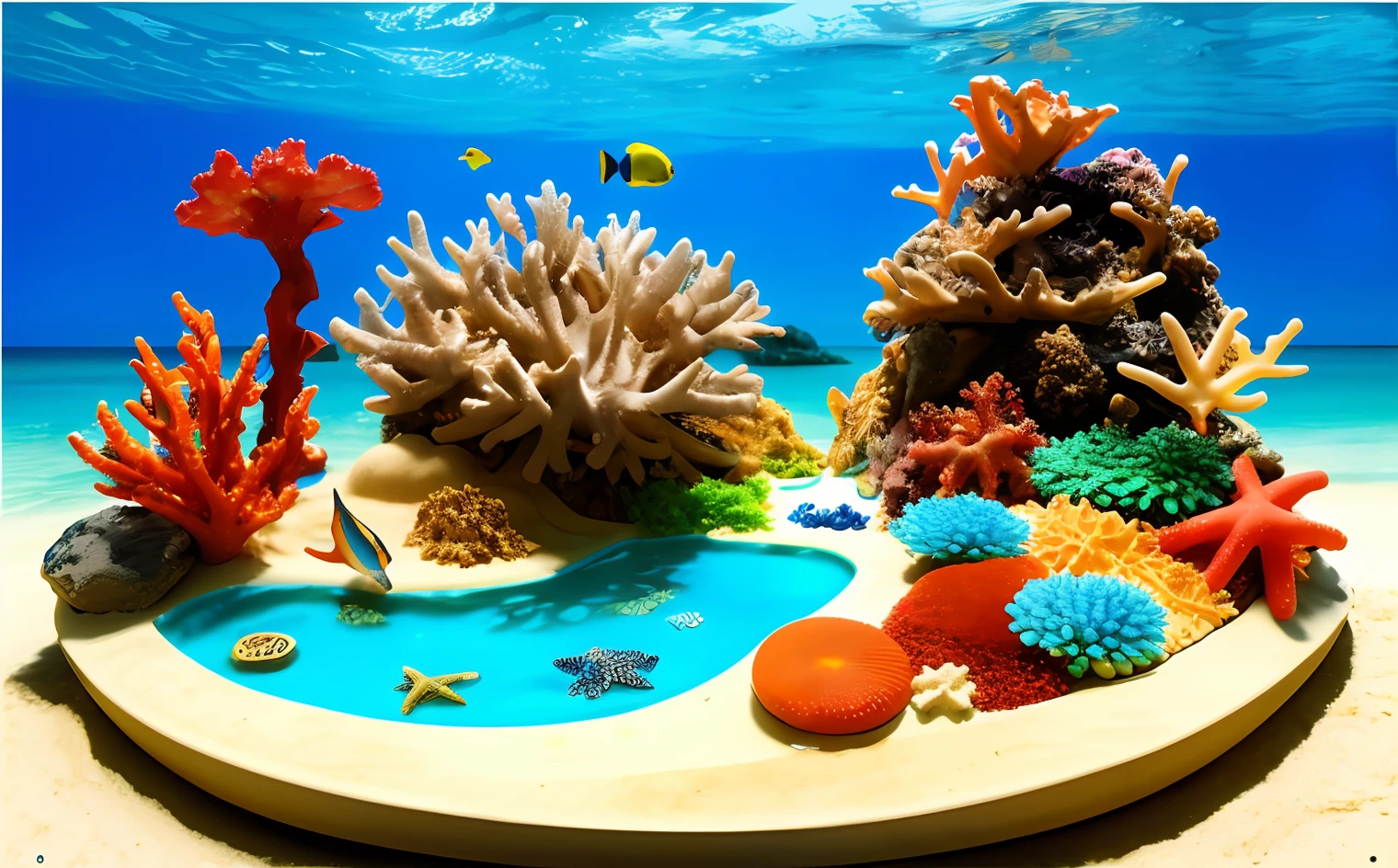 a sand castle with flowing water,around there are colorful corals, and a few crabs,star fish,there are also sea plants, fantasy,3D,ambiance hd, HDR, 4k v--4.