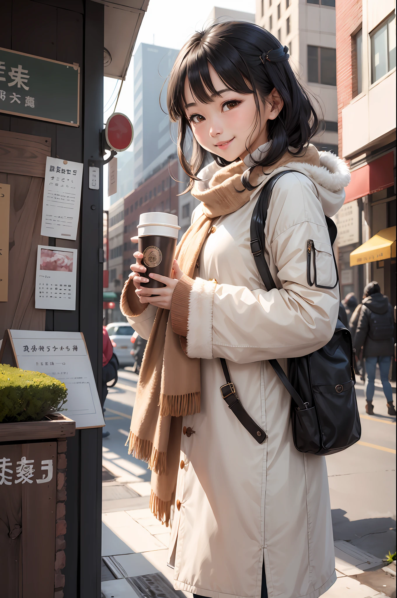 (morning), 1girl, 独奏, 看着观众, winter, cowboy shot, (downtown), cowboy shot, smile, black hair