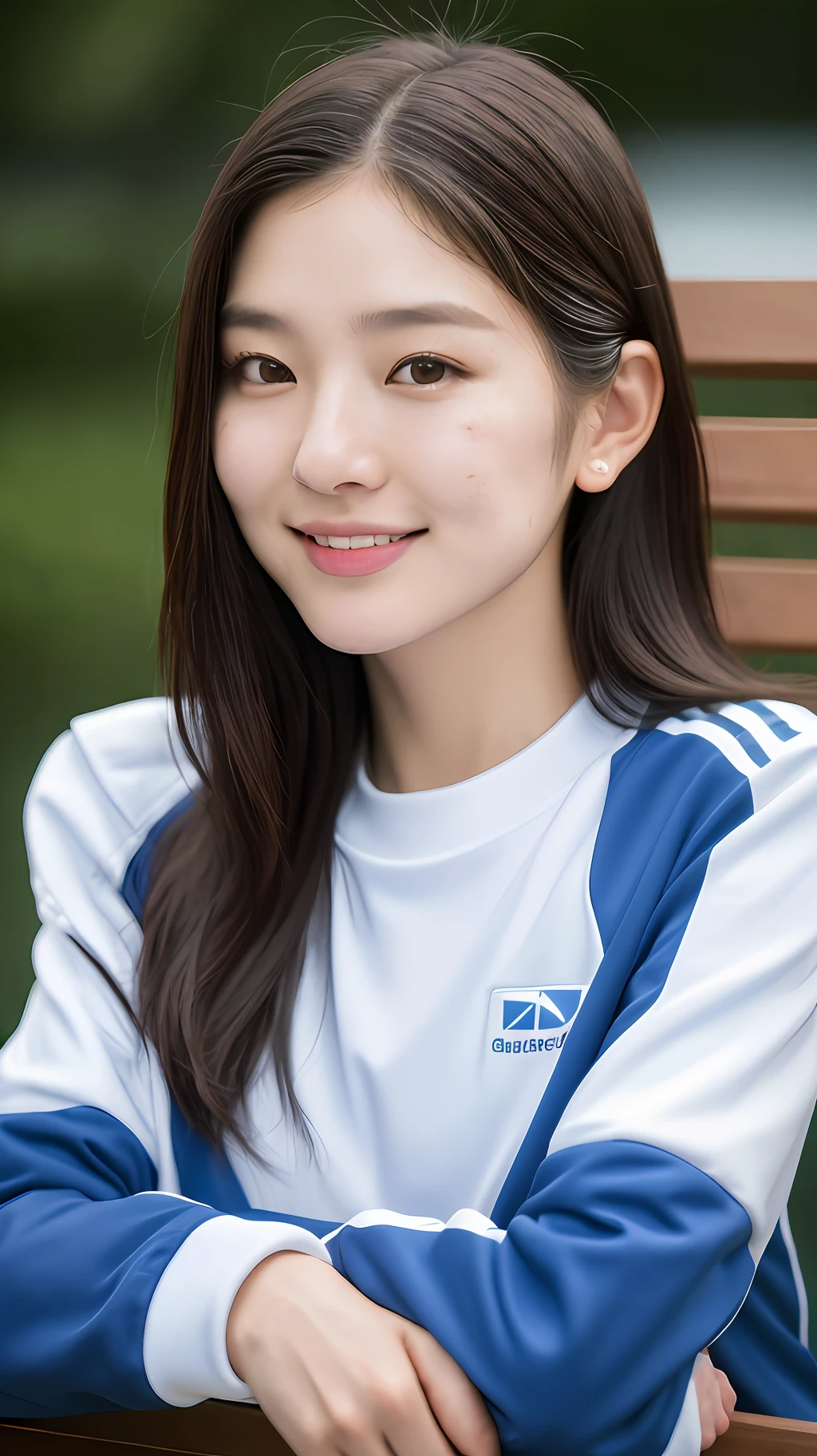 (คุณภาพดีที่สุด, ผลงานชิ้นเอก:1.1), (สมจริง:1.6), 1 สาว, realistic photos of cute Korean star female Shoulder-length hair, thin makeup, medium breasts size, slightly smile, wearing track suit, sitting in the bench, clear facial features, high resolution, sharp and realistic details, RAW photo, 16k, from outside, Hasselblad, f/4.0, chromatic aberration abuse, dithering, UHD, masterpiece, highres, high details