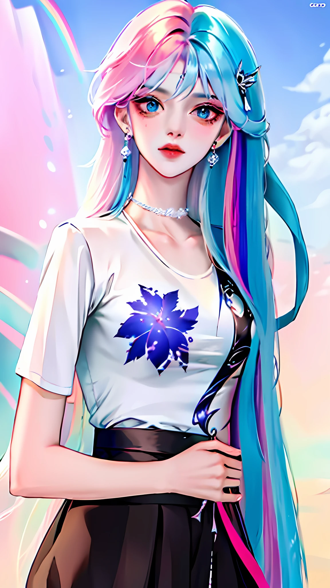 {avatar}, {extremely delicate girl}, CG 8k wallpaper, masterpiece, cold expression, handsome, mid-chest body, face the audience, fashion short skirt, cute t-shirt, rainbow-colored hair, gray eyes, beautiful and delicate eyes {{a black crosshairpin}}, handsome, glowing hair, dramatic angle, diamond crown, earrings,