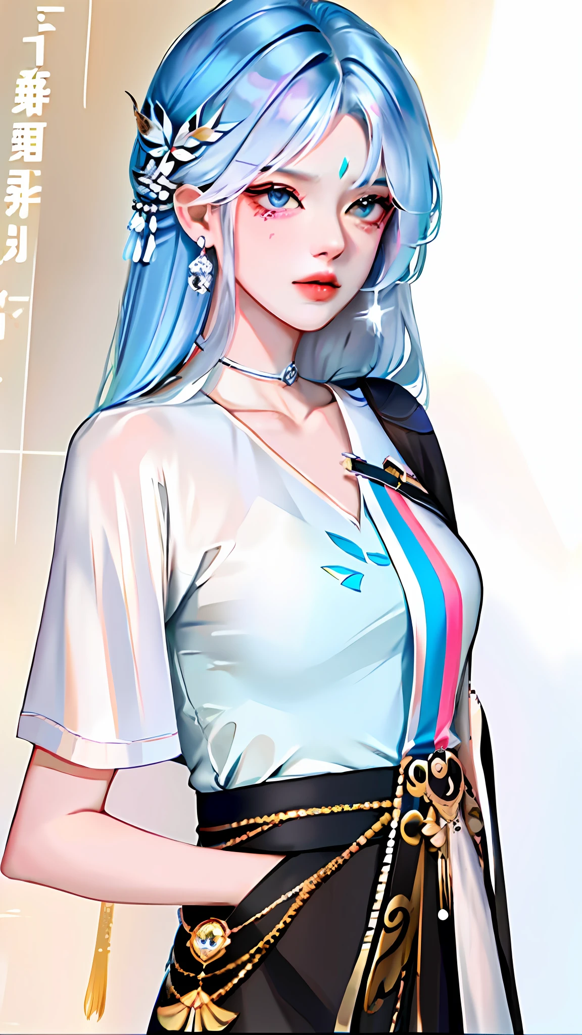 {avatar}, {extremely delicate girl}, CG 8k wallpaper, masterpiece, cold expression, handsome, mid-chest body, face the audience, fashion short skirt, cute t-shirt, rainbow-colored hair, gray eyes, beautiful and delicate eyes {{a black crosshairpin}}, handsome, glowing hair, dramatic angle, diamond crown, earrings,