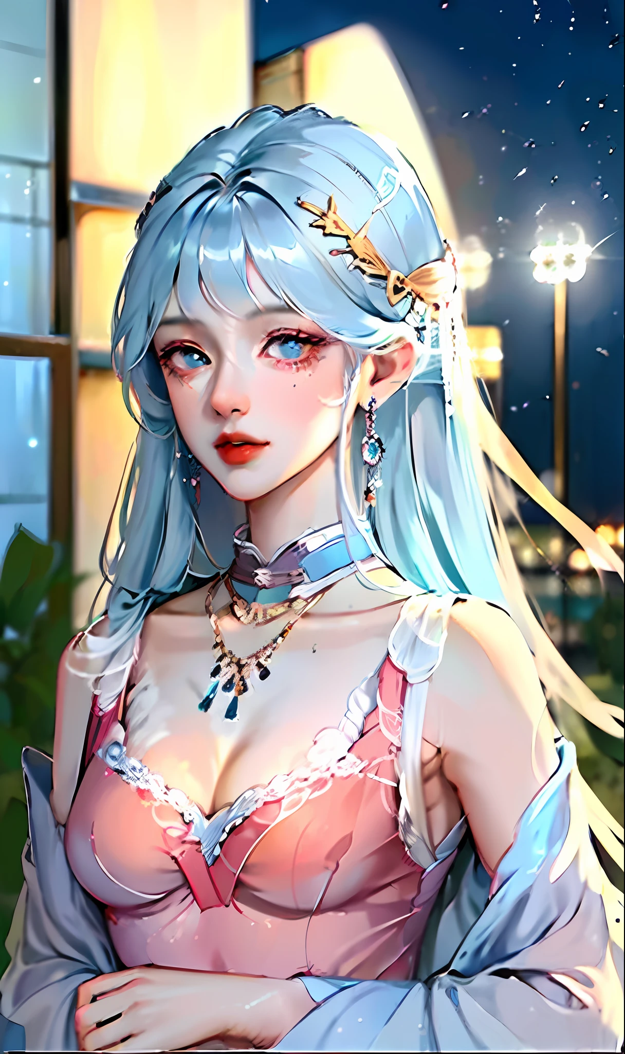 (masterpiece:1.4), (best quality:1.4), 8k,realistic, 1gril, solo, ((light blue hair)), hair accessory, long hair, blue eyes, collarbone, portrait, red lip, cleft lip, (cleavage, pleated skirt), small breast, blue nails, necklace, earrings, fashion-girl, looking at the audience, professional lights, night, rain, outdoors,
