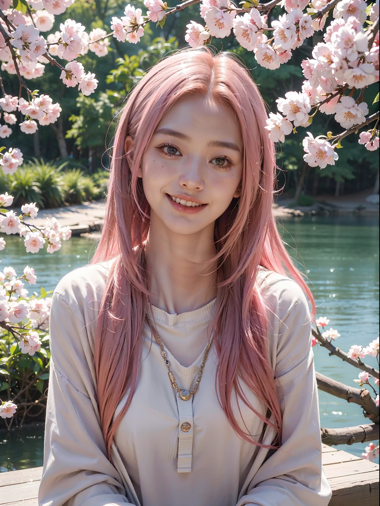 best quality,(RAW photo:1.2),(masterpiece:1.4),(photorealistic:1.4),(highres:1.4), 1girl, smiling, tooth, long hair, depth of field, cherry blossoms, lake, beautiful detailed water, pink hair, intricately detailed, 8k, extremely detailed